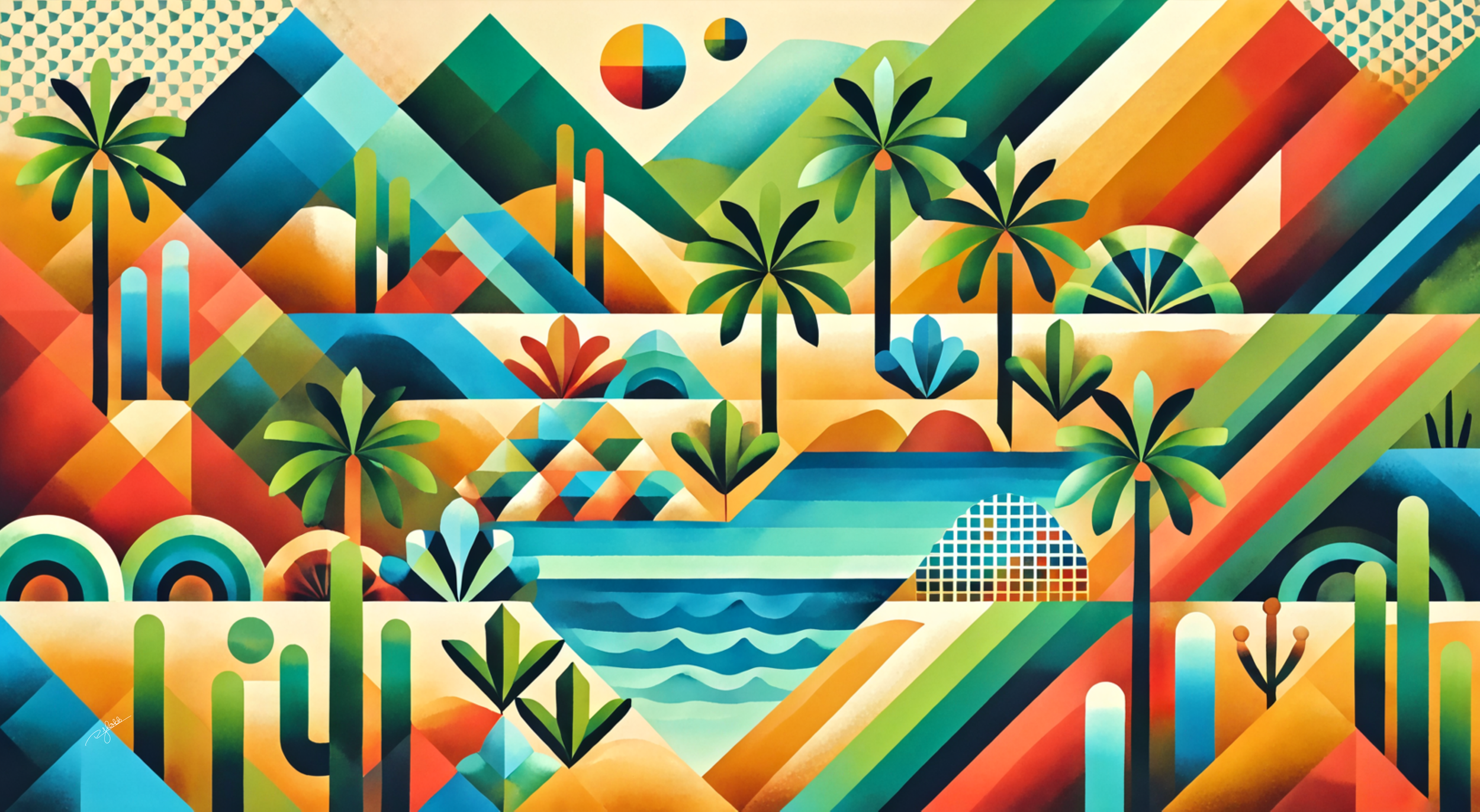 Title: Oasis Opulence
Description: Amidst a sea of golden sands, a lush paradise erupts with life, its vibrant greens and crystalline waters forming a stark contrast against the arid desert beyond. This piece captures the miraculous b