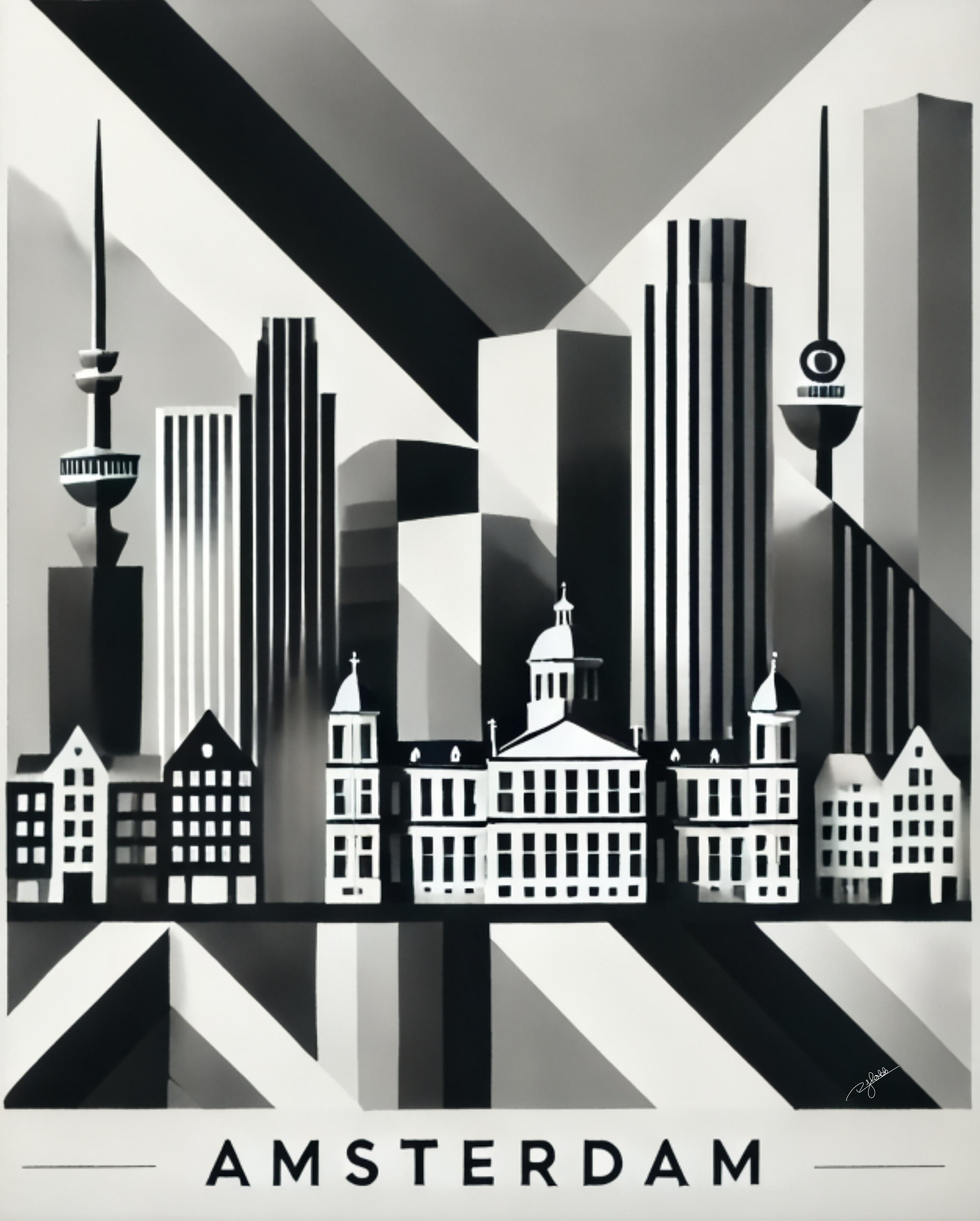 Title: Amsterdam Angles
Description: A city of canals and character, Amsterdam Angles brings the Dutch capital’s iconic gabled rooftops and winding waterways to life in sharp monochrome contrasts. The interplay of shadow and structure