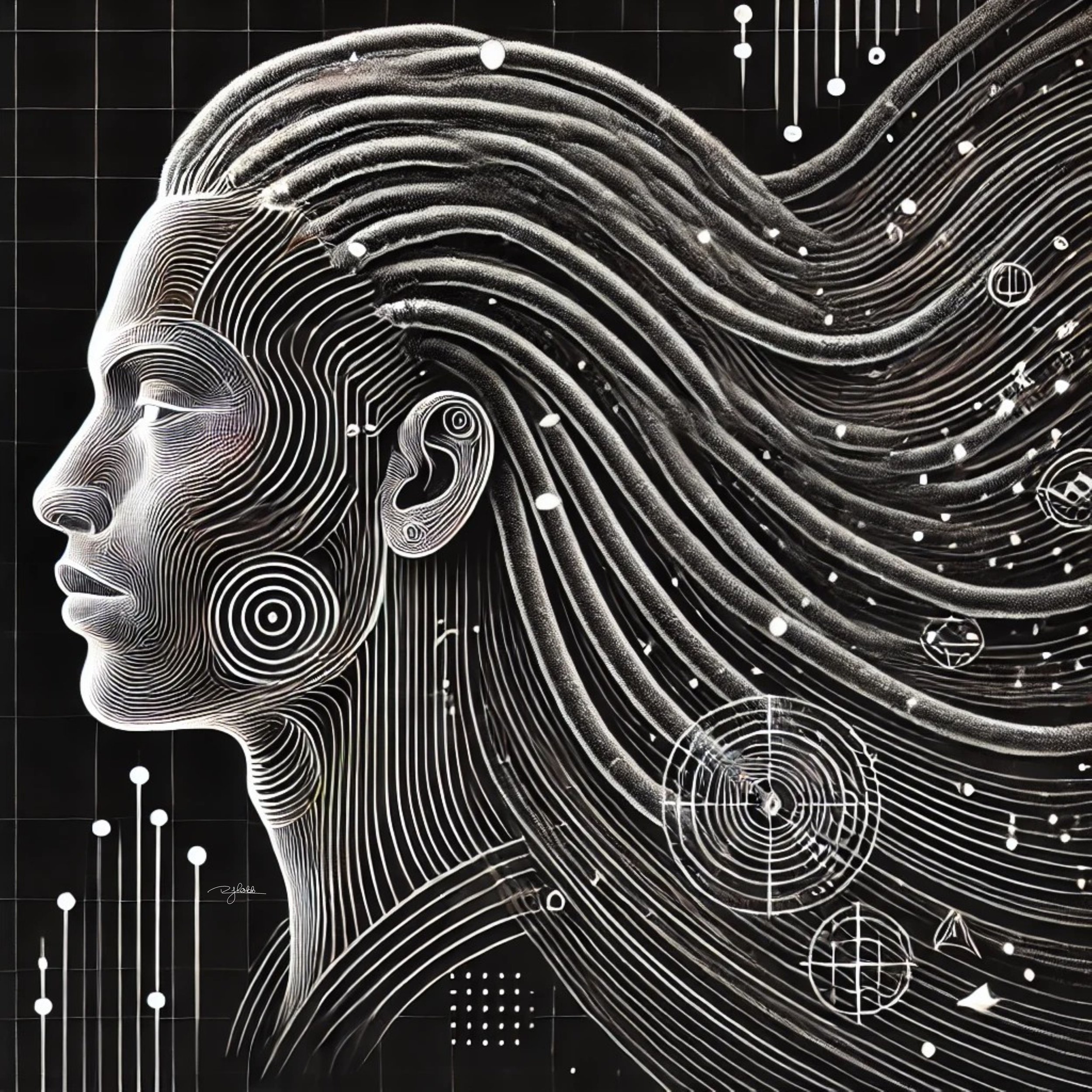Title: Quantum Locs
Description: These locs defy time and space, coiling infinitely like the spirals of the universe. Laced with quantum energy, they embody the duality of past wisdom and futuristic exploration, a crown of knowledge t