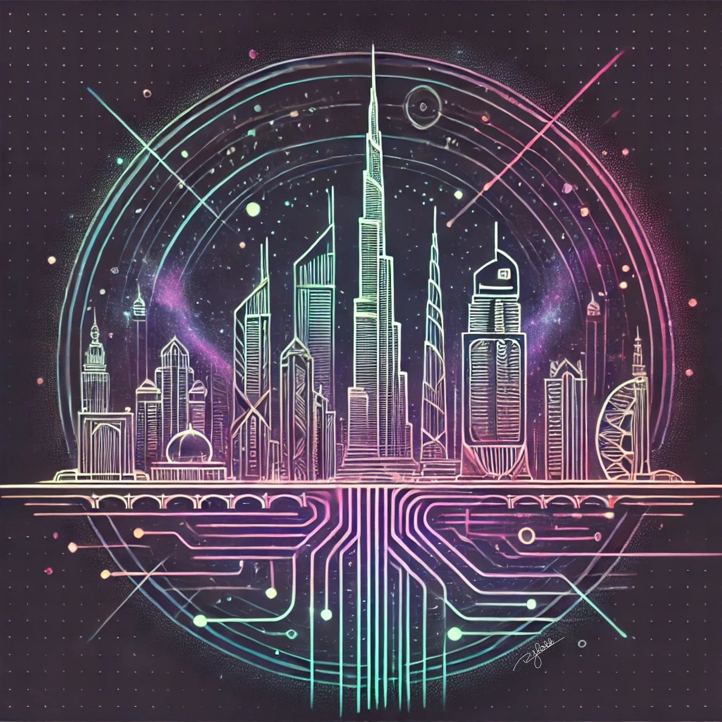 Title: Galactic Dubai
Description: Rising from the desert like a vision from another world, Dubai’s skyline is drenched in the light of a million stars. Futuristic skyscrapers stretch toward infinity, their surfaces reflecting the gol