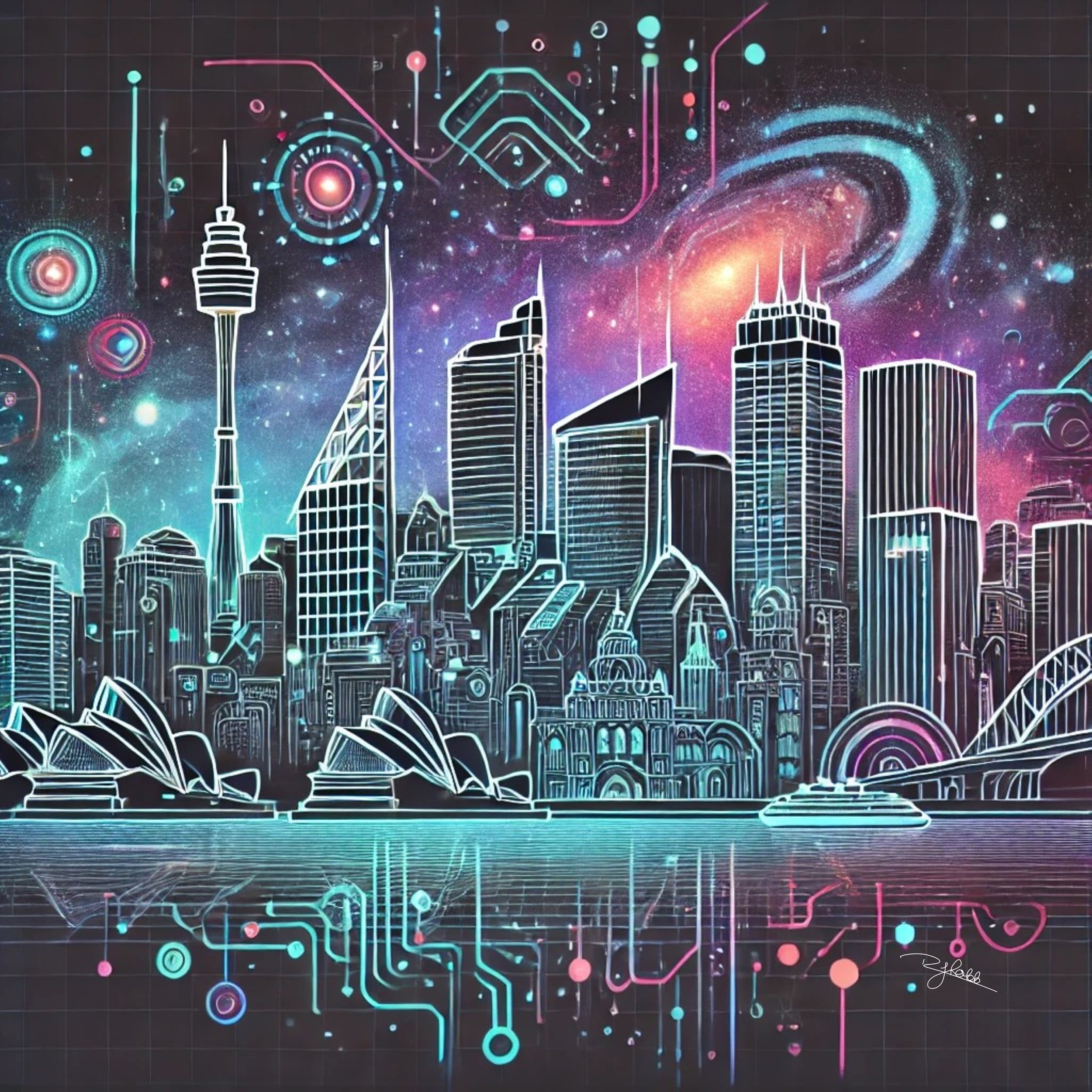 Title: Stardust Sydney
Description: Sydney’s skyline shimmers like a celestial playground, the Opera House transformed into a beacon of iridescent light. The harbour glows with neon waves, its reflections painting the water in radiant