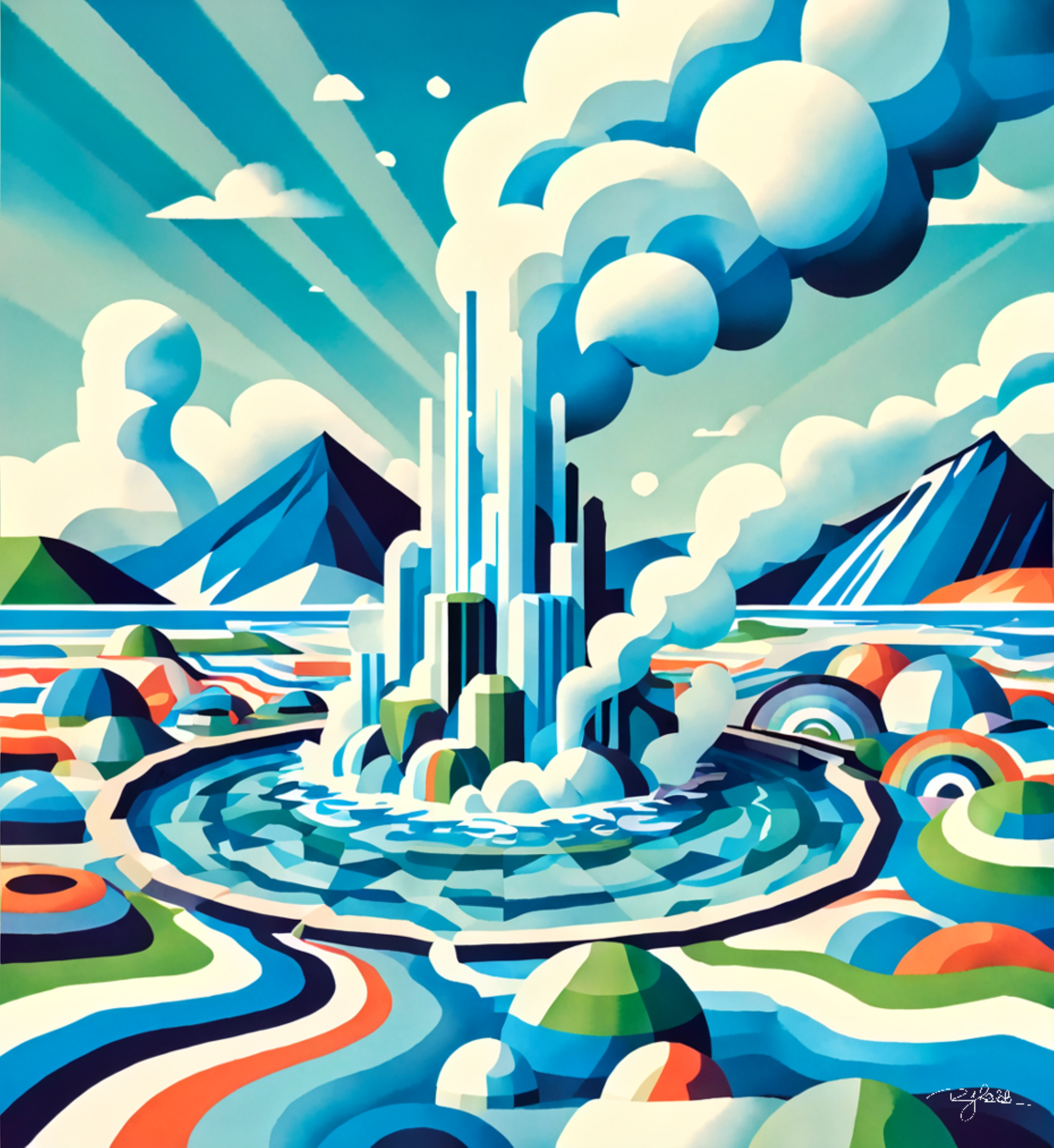 Title: Geyser Geometry
Description: A jet of boiling water erupts skyward, captured in a symphony of tessellated blues, whites, and steam-blurred light. The raw power of the Earth’s geothermal forces is reimagined in crisp, angular pr