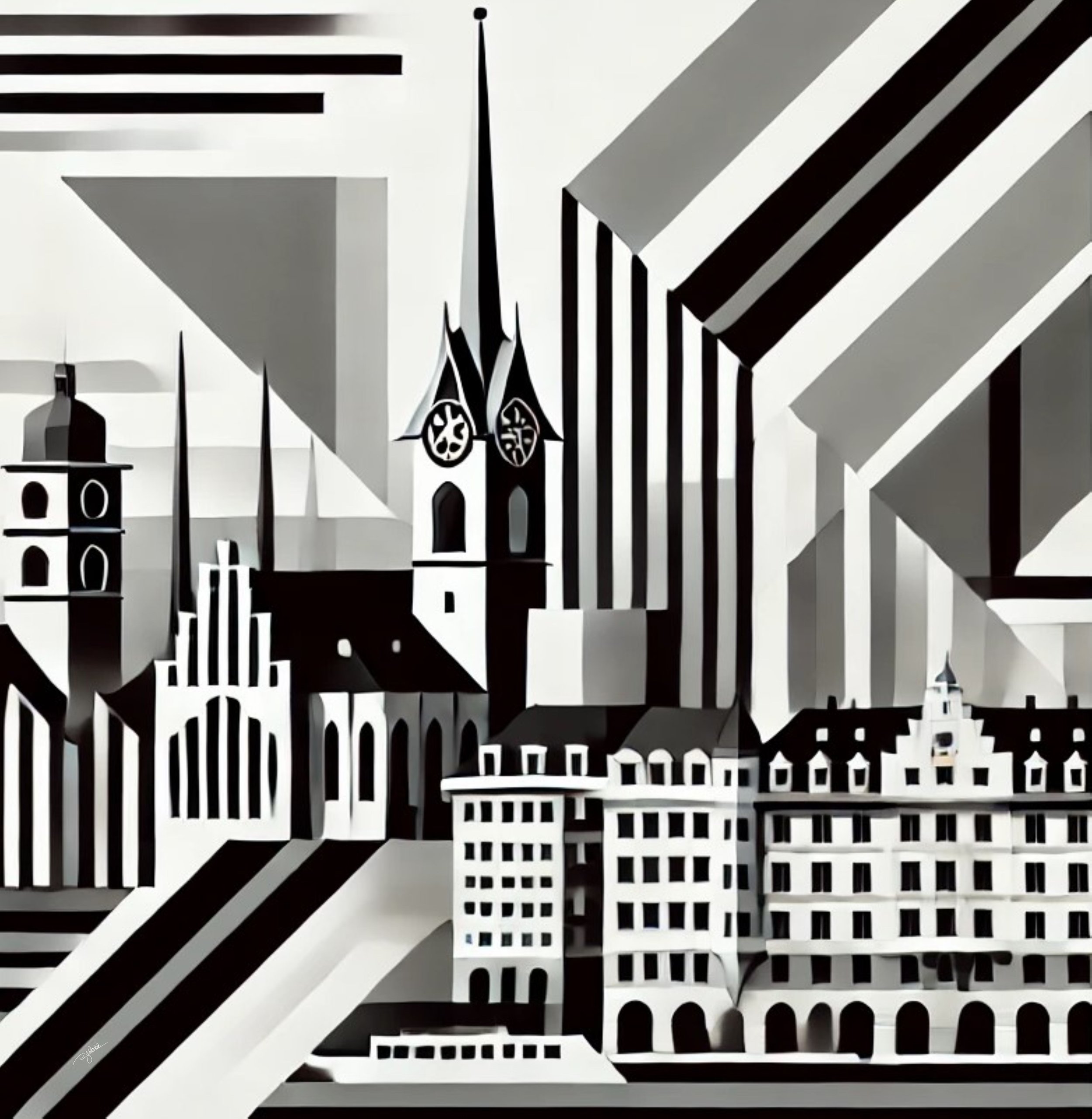 Title: Zurich Zenith
Description: Sleek, structured, and pristine, Zurich Zenith portrays the Swiss city’s sharp, modernist skyline with crisp monochrome precision. The tranquil lake and snow-dusted rooftops add a sense of harmony to