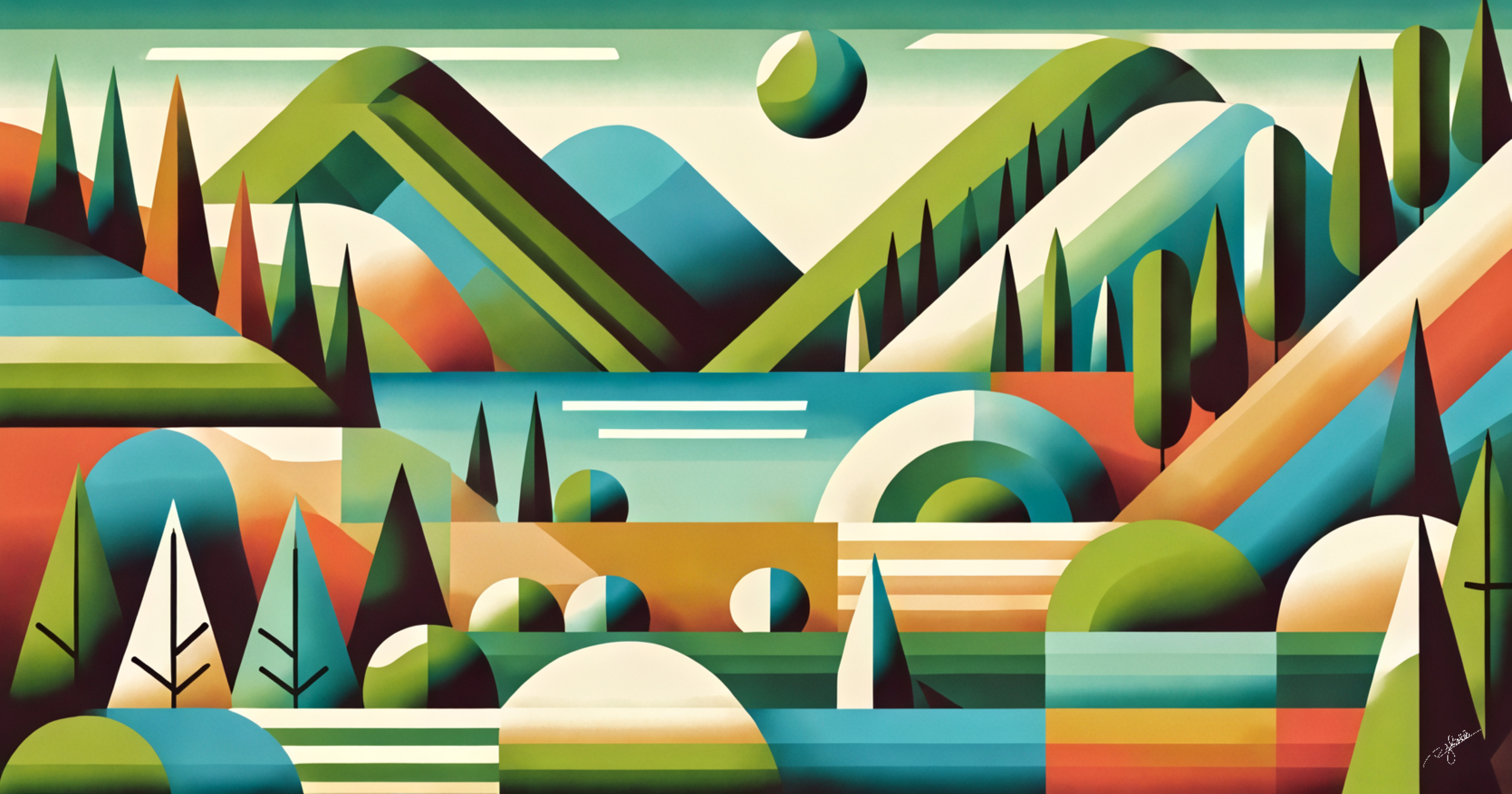 Title: Hinterland Harmony
Description: A secluded paradise, untouched and untamed, where rolling hills, winding rivers, and dense forests blend into a kaleidoscope of colour and form. The land stretches endlessly, each geometric conto