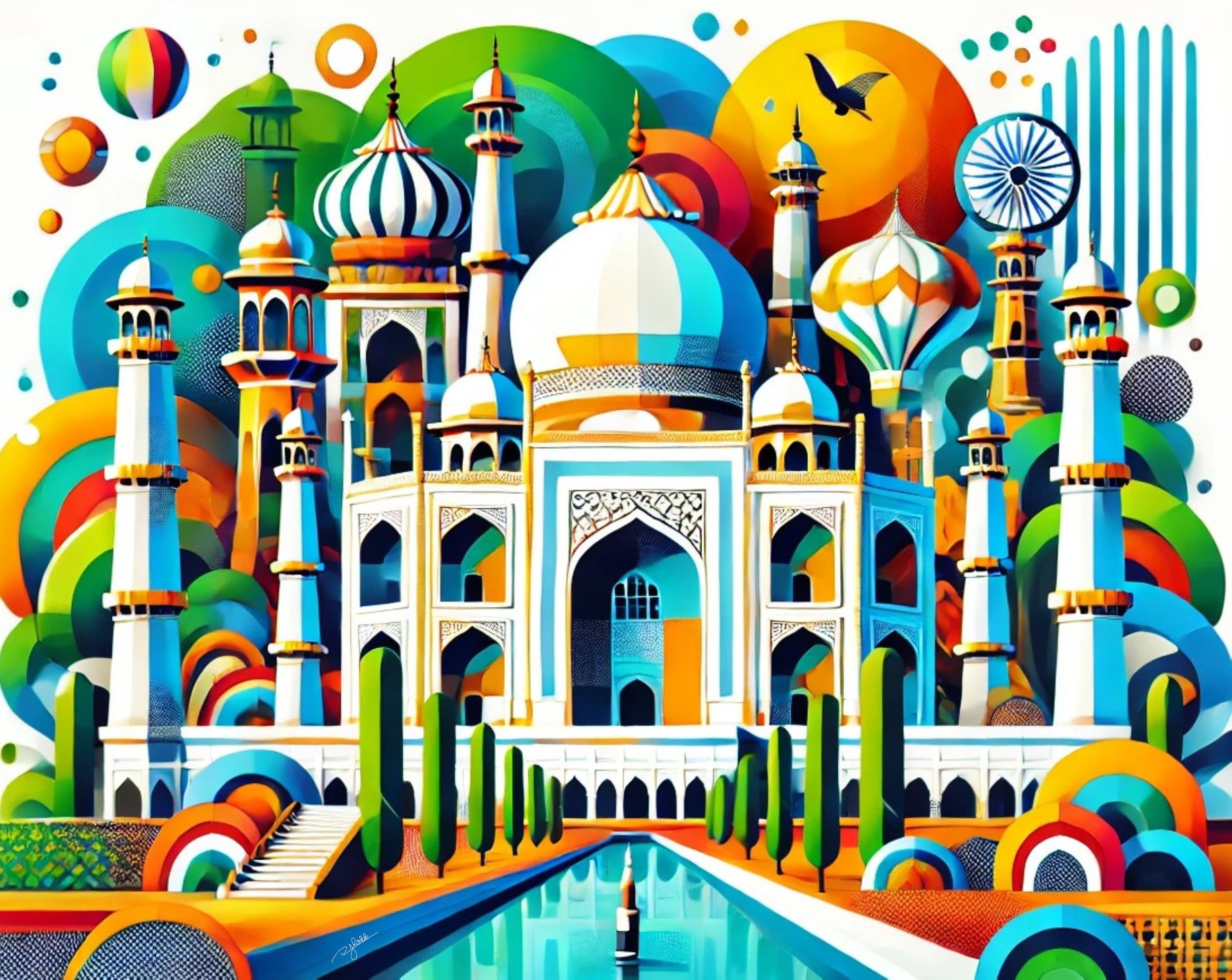 Title: Taj Mahal Triumph
Description: A monument of love, now infused with kaleidoscopic energy—Taj Mahal Triumph transforms the iconic white marble mausoleum into an ethereal blend of jewel-toned symmetry. The domes and minarets shimm