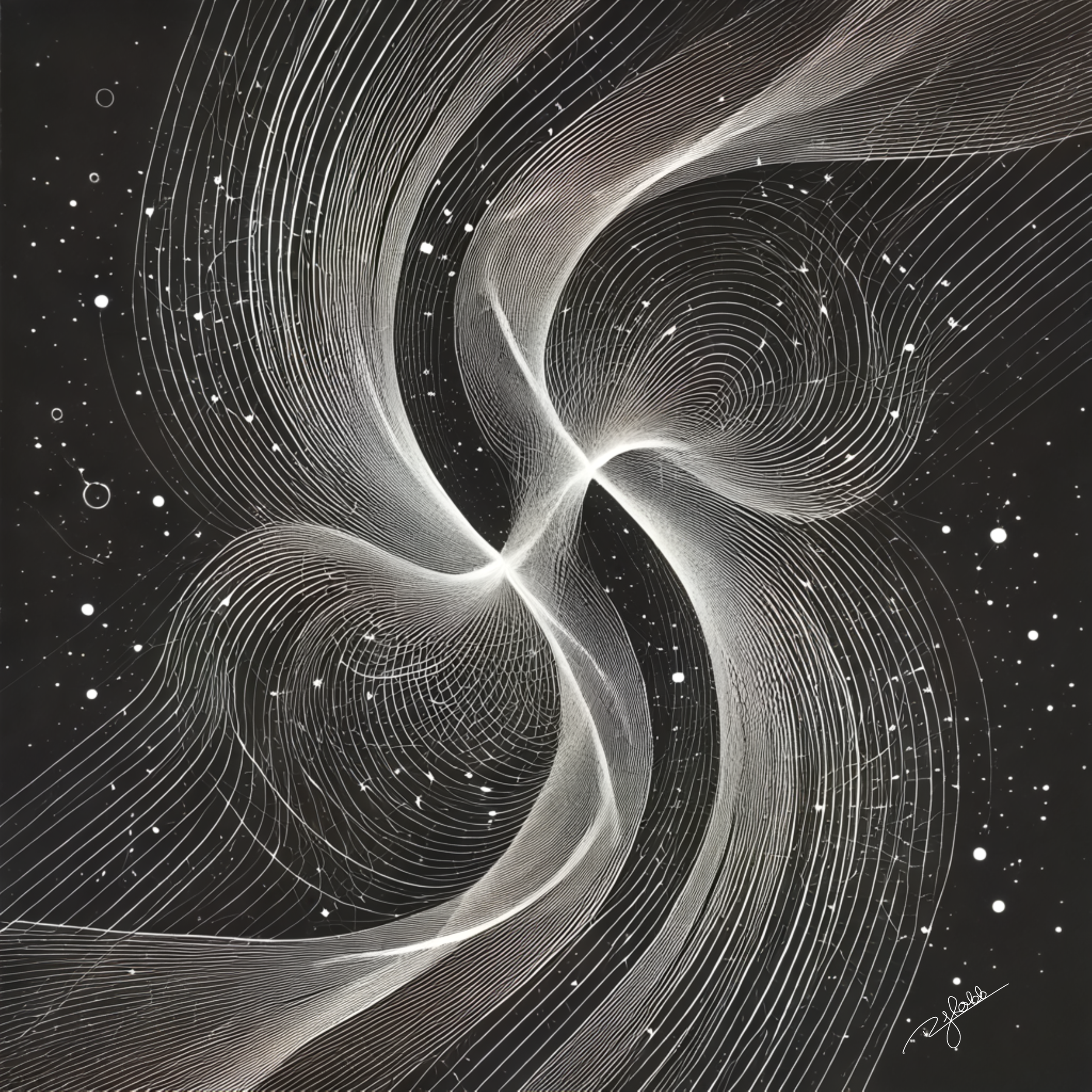Title: Cosmic Dance
Description: Stars swirl and galaxies intertwine in an infinite motion of beauty—Cosmic Dance is the choreography of the universe itself. A ballet of light and shadow, it speaks of movement without direction, chaos