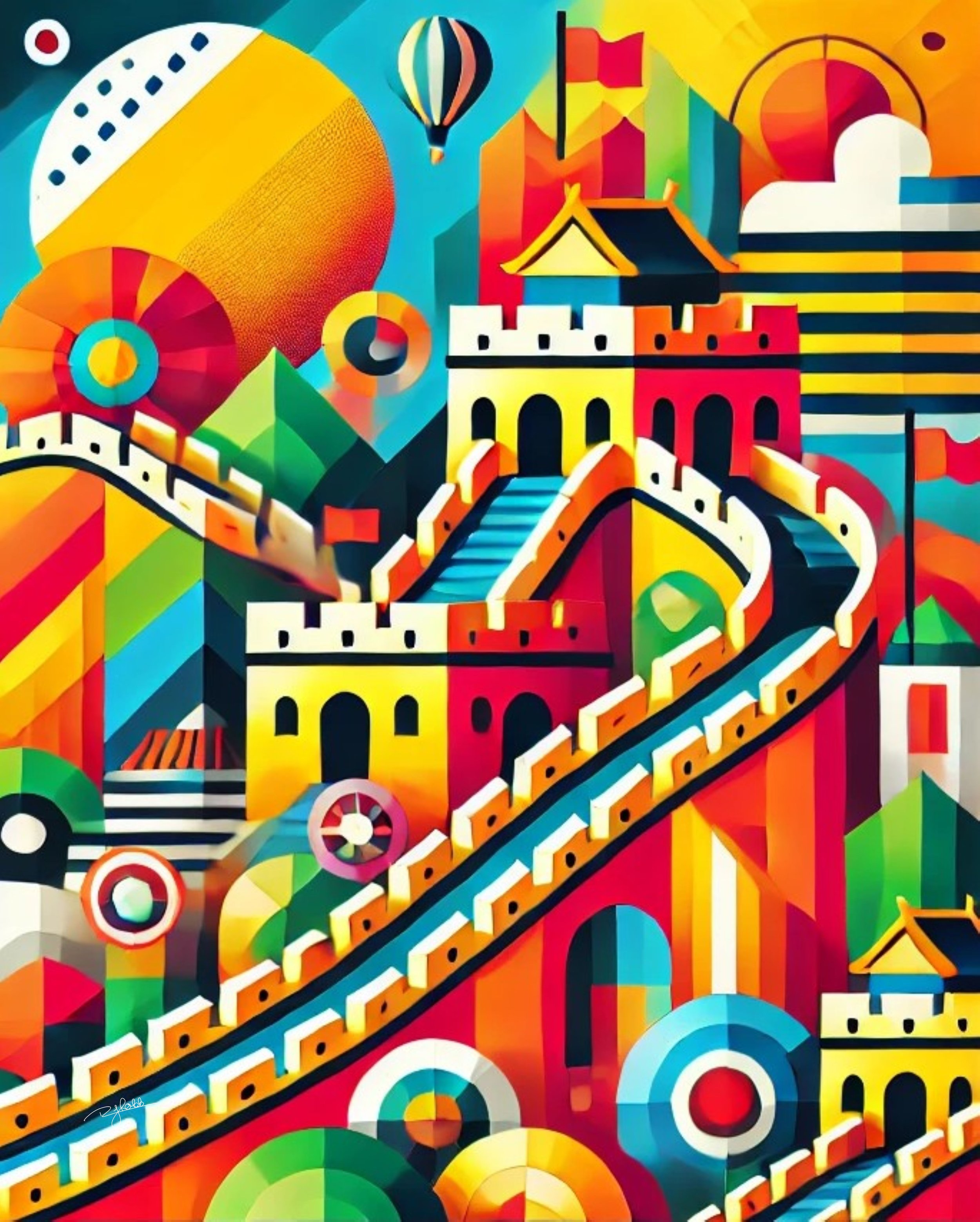 Title: Great Wall Grandeur
Description: A winding ribbon of prismatic brilliance, Great Wall Grandeur stretches across the canvas like a surreal path through time. The historic fortress, bathed in bold geometric shades, becomes a symbo