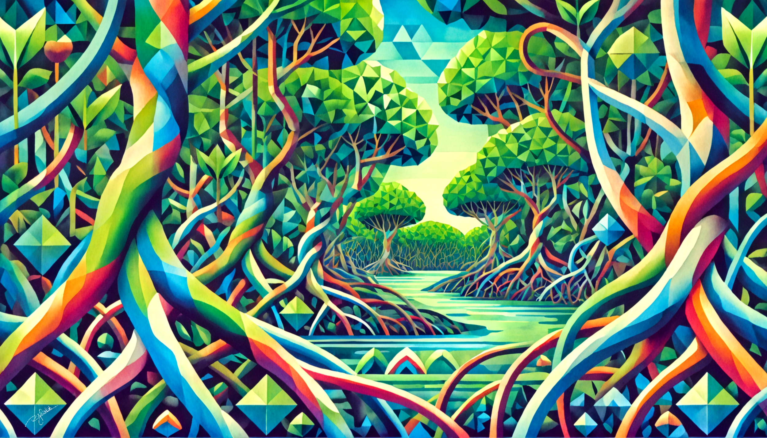 Title: Mangrove Magic
Description: A network of winding roots and shimmering water, where land and sea embrace in an intricate dance of survival. The twisting mangroves form natural labyrinths, their tangled branches stretching skywar