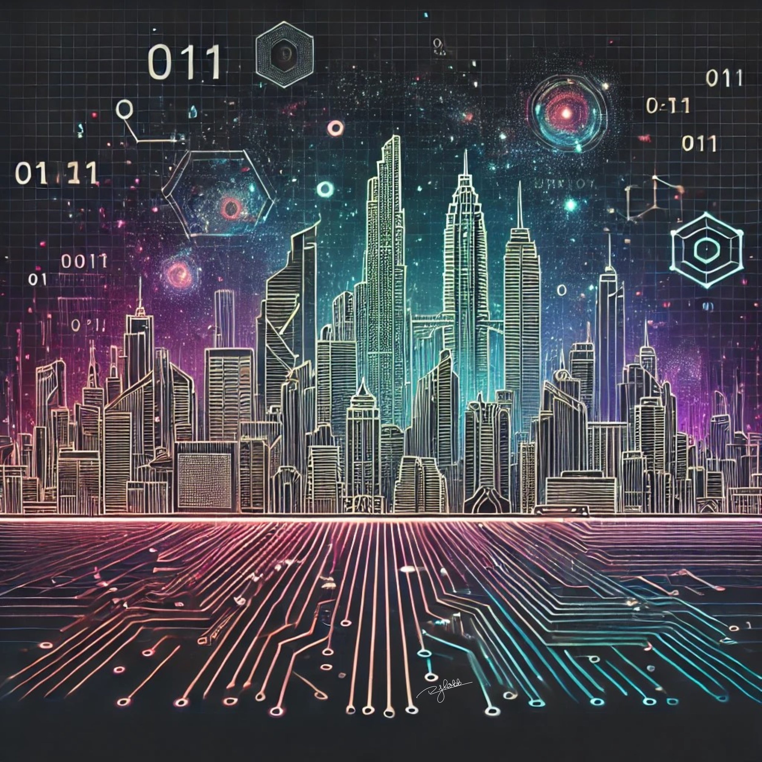 Title: Binary Bangkok
Description: Bangkok pulses with binary energy, its skyline woven from streams of data and neon. The Chao Phraya River reflects a luminous cityscape where temples glow like futuristic temples of light, their gold