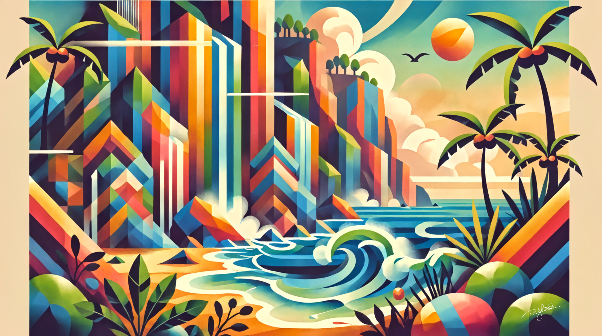 Title: Coastal Cascade
Description: Where ocean meets land, waves carve out a rhythmic masterpiece, each crest and trough forming an intricate sequence of movement. Sunlight dances across the surface, breaking into prismatic reflectio