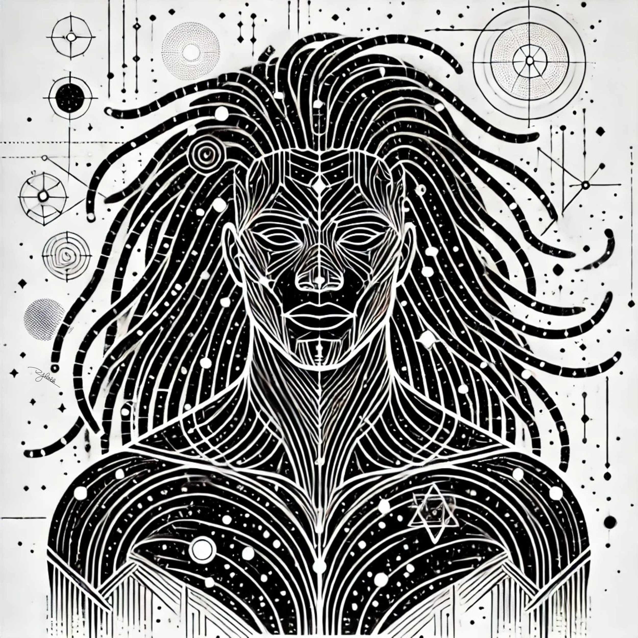 Title: Celestial Locs
Description: Hanging like the arms of a supernova, these locs radiate the brilliance of a star being born. They symbolize the gravitational pull of identity, drawing strength from both heritage and the infinite be
