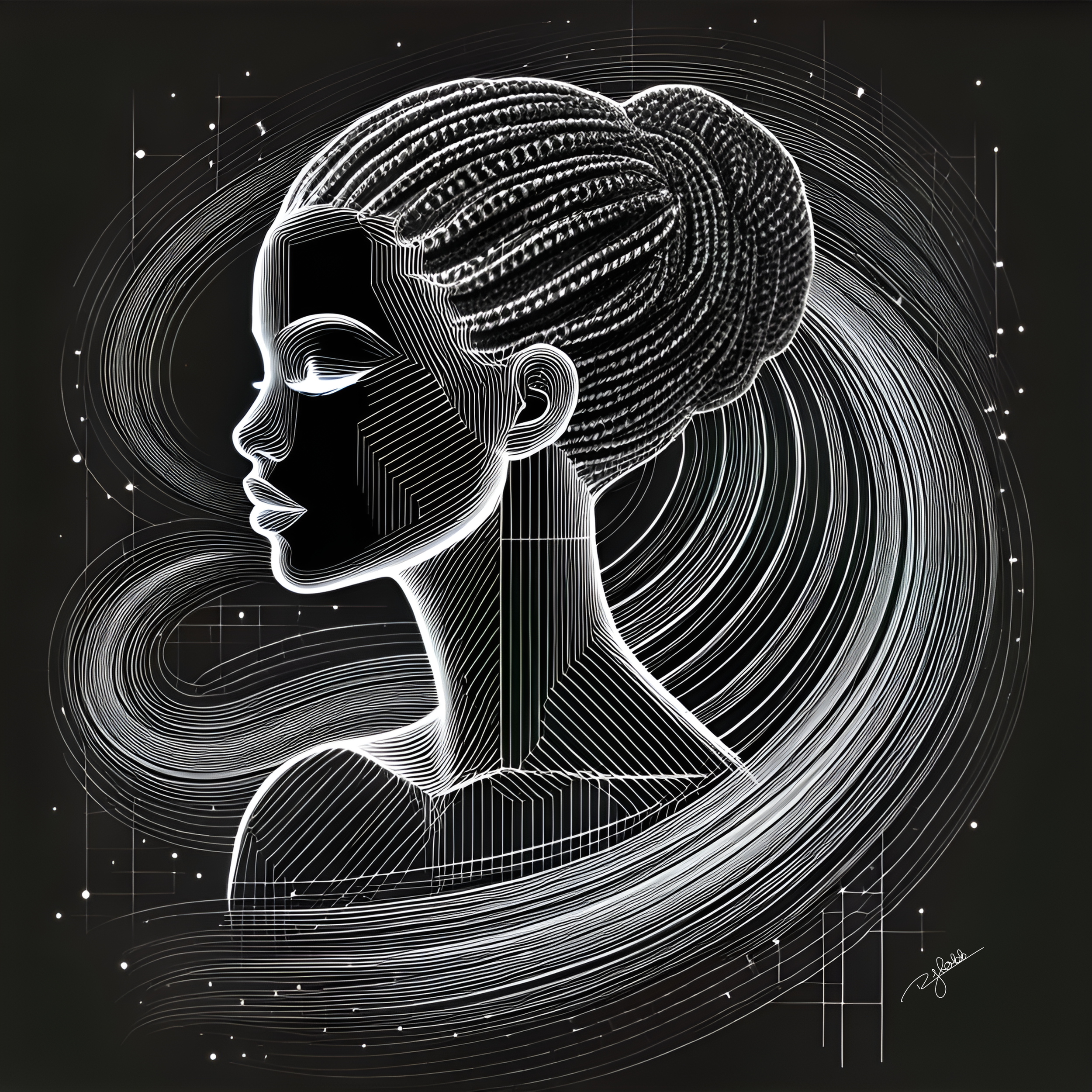 Title: Ethereal Cornrows
Description: Braided from the very fabric of time, Ethereal Cornrows are luminous pathways, reflecting the sacred geometry of the universe. Each row is a story, a sequence of codes passed down through generatio