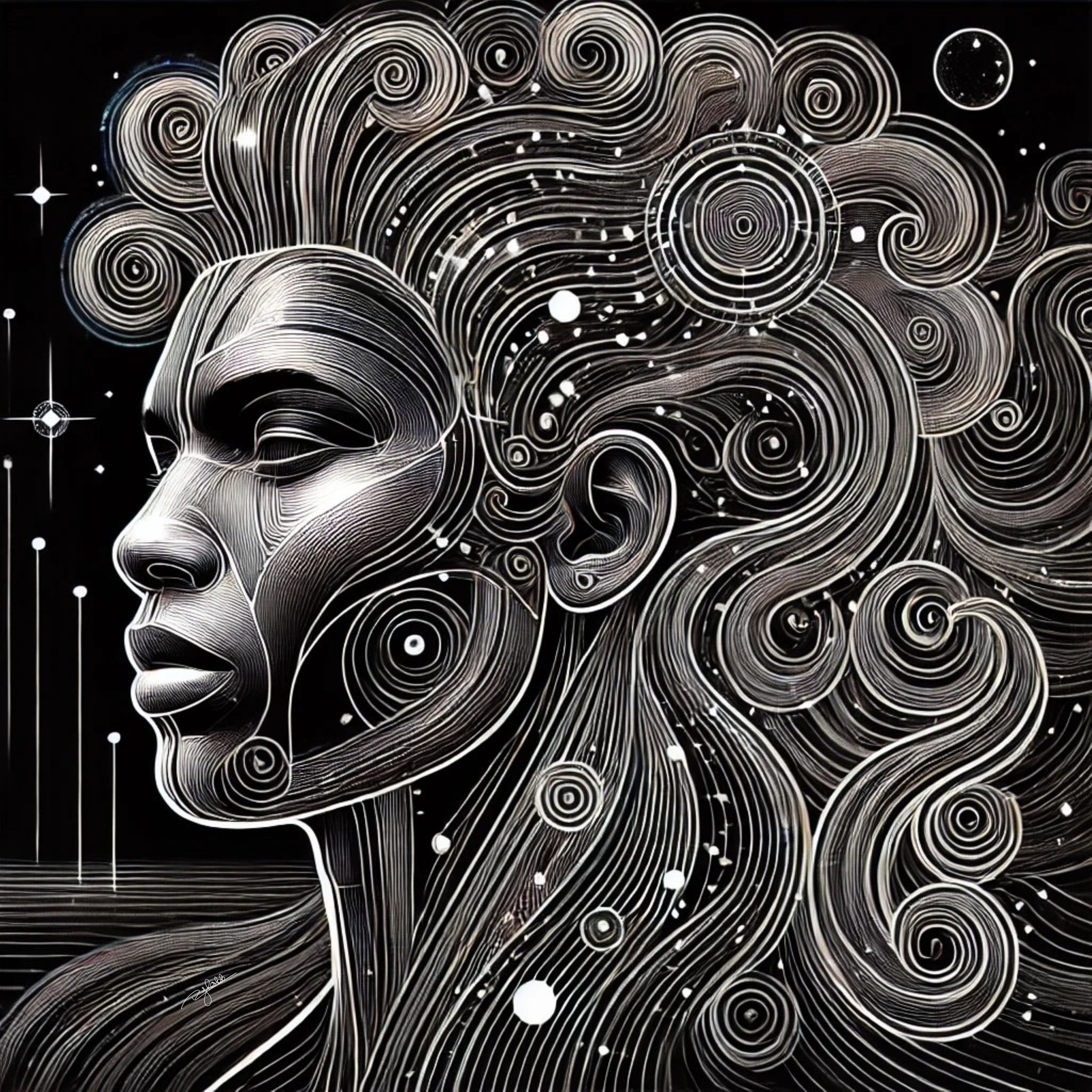 Title: Celestial Waves
Description: Tightly sculpted waves ripple like an interstellar ocean, glistening under the glow of neon grids. This portrait fuses the precision of modern styling with the ethereal flow of cosmic energy, illust