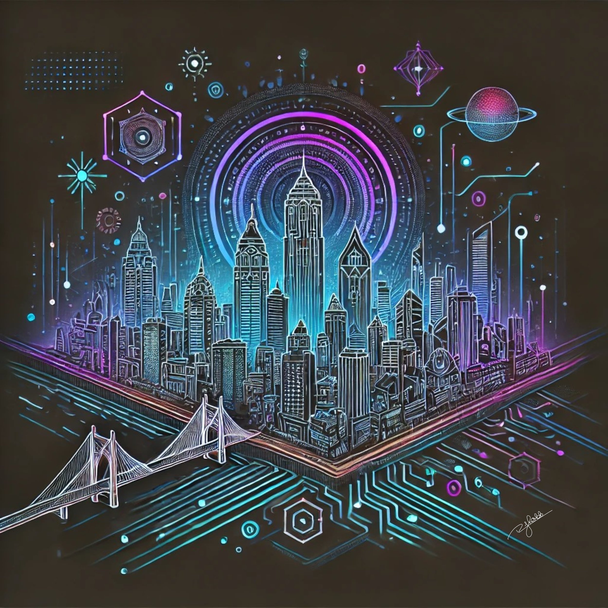 Title: Mystic Mumbai
Description: Mumbai emerges as a cosmic metropolis, its skyline bathed in celestial hues that shimmer like waves against its coastal edge. The Gateway of India stands illuminated in radiant fractals, the city itse