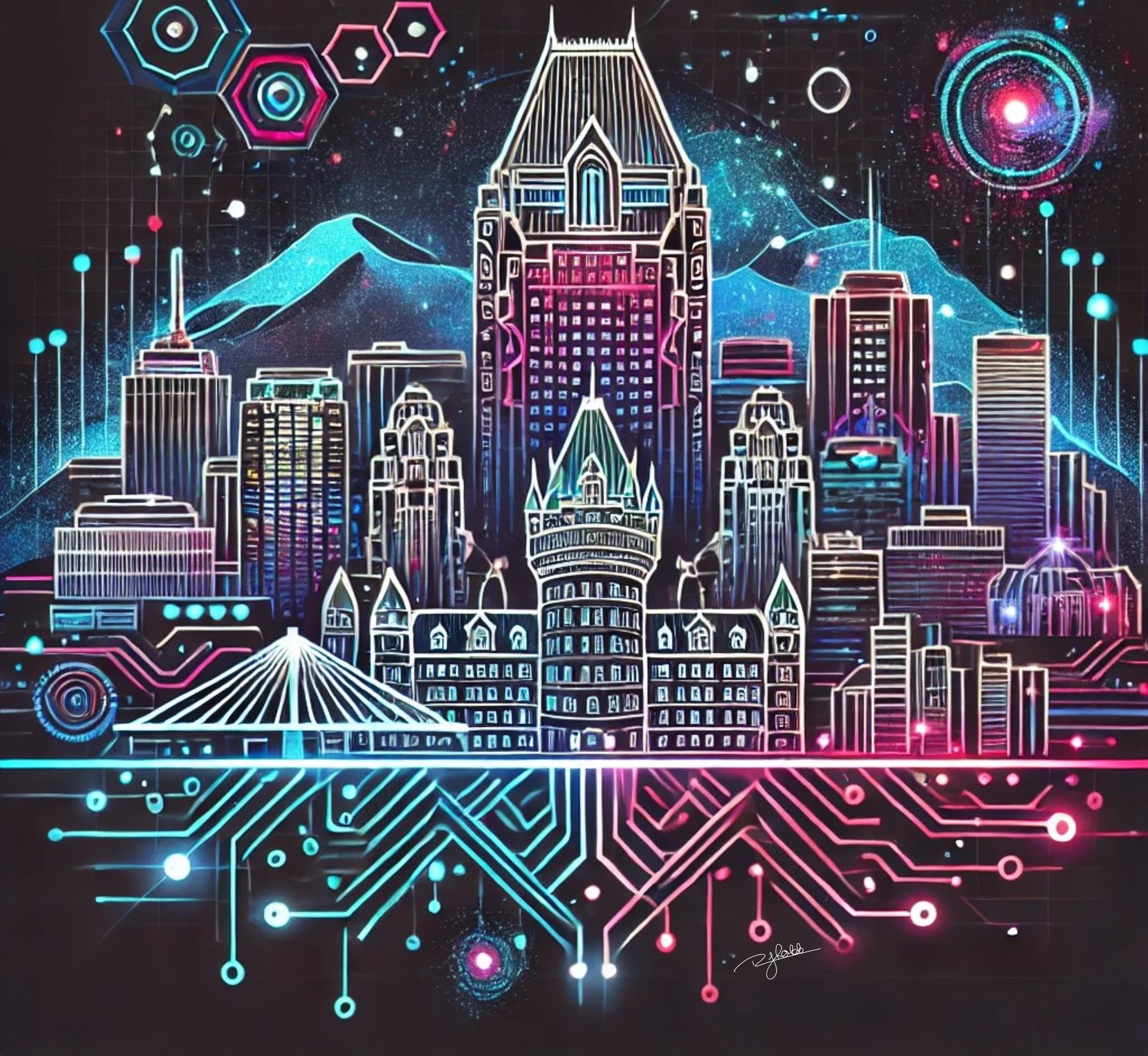 Title: Quantum Quebec
Description: Quebec’s skyline warps and twists through dimensions, its architecture shifting like a fractal caught between timelines. The historic Old Town glows with a surreal luminescence, where quantum reflect