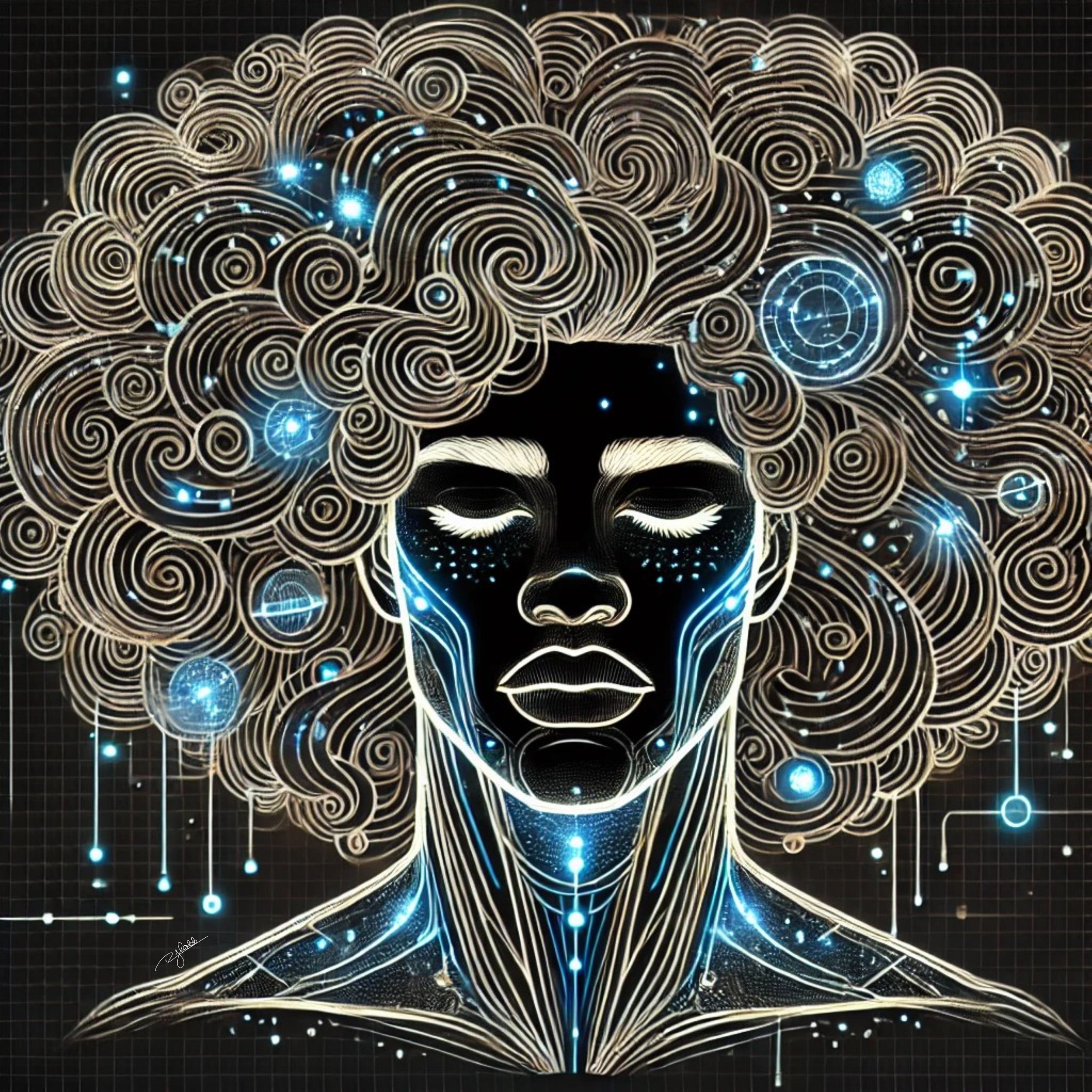 Title: Galactic Curls
Description: These defined, voluminous curls are laced with digital constellations, forming a celestial roadmap of wisdom and creativity. The energy coursing through each strand reflects the boundless nature of a m