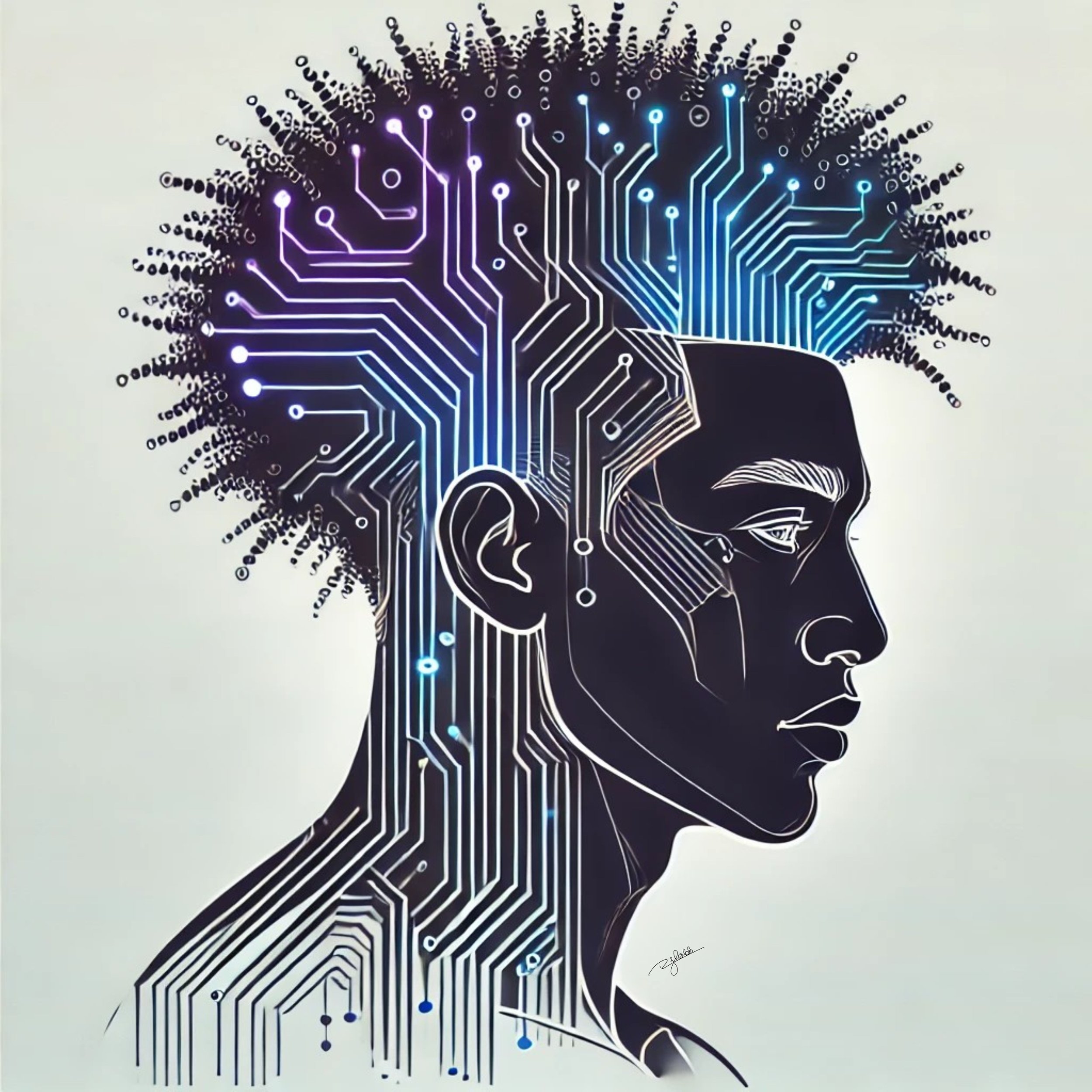 Title: Cyber Glow
Description: A radiant aura surrounds this style, where high-top curls stand illuminated by an intricate network of neural pathways. The fusion of organic texture with digital precision makes this a portrait of a fu