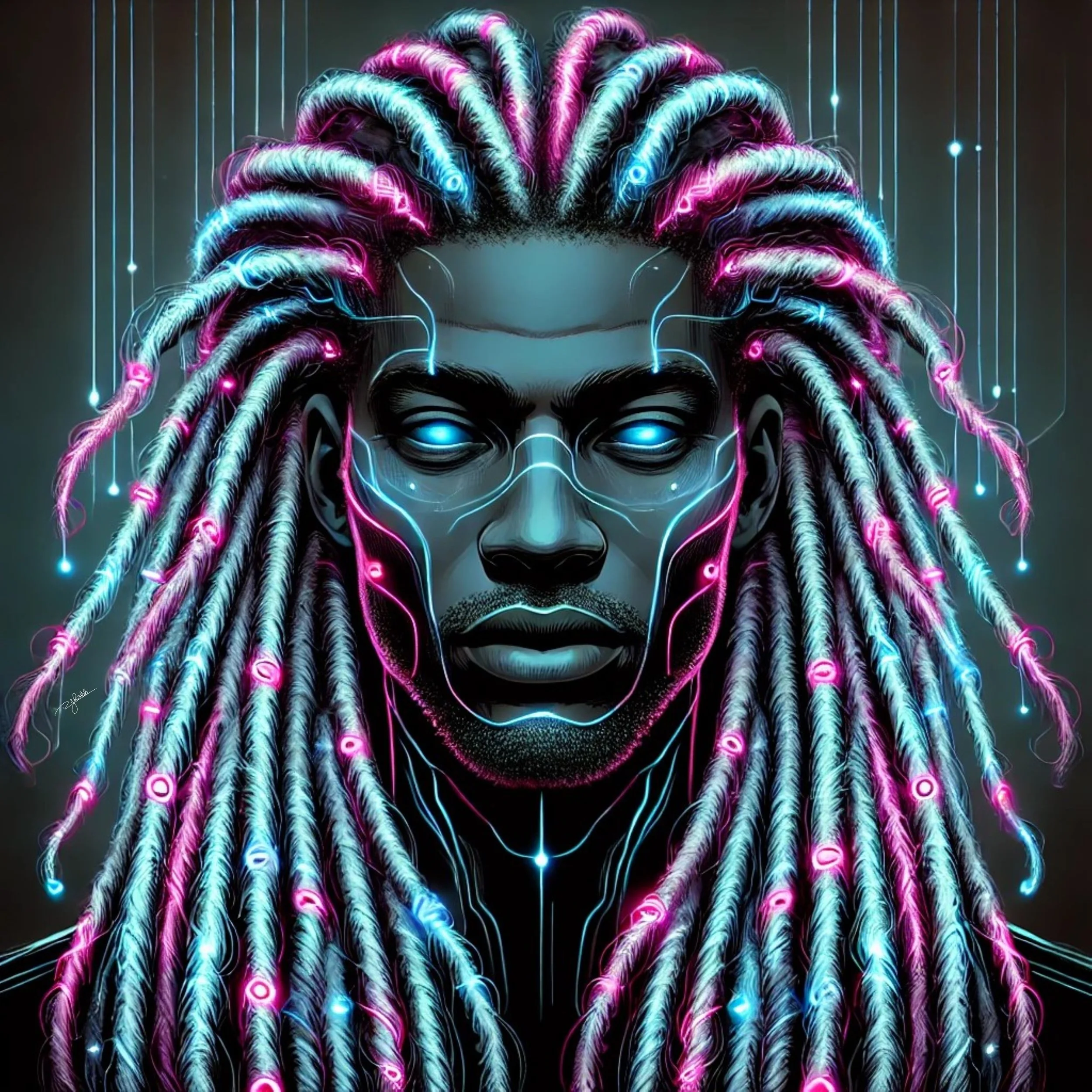 Title: Neon Dreads
Description: A fusion of tradition and futurism, these illuminated dreadlocks pulse with an electric glow, weaving history into the digital age. Each loc hums with vibrant neon energy, symbolizing the resilience of
