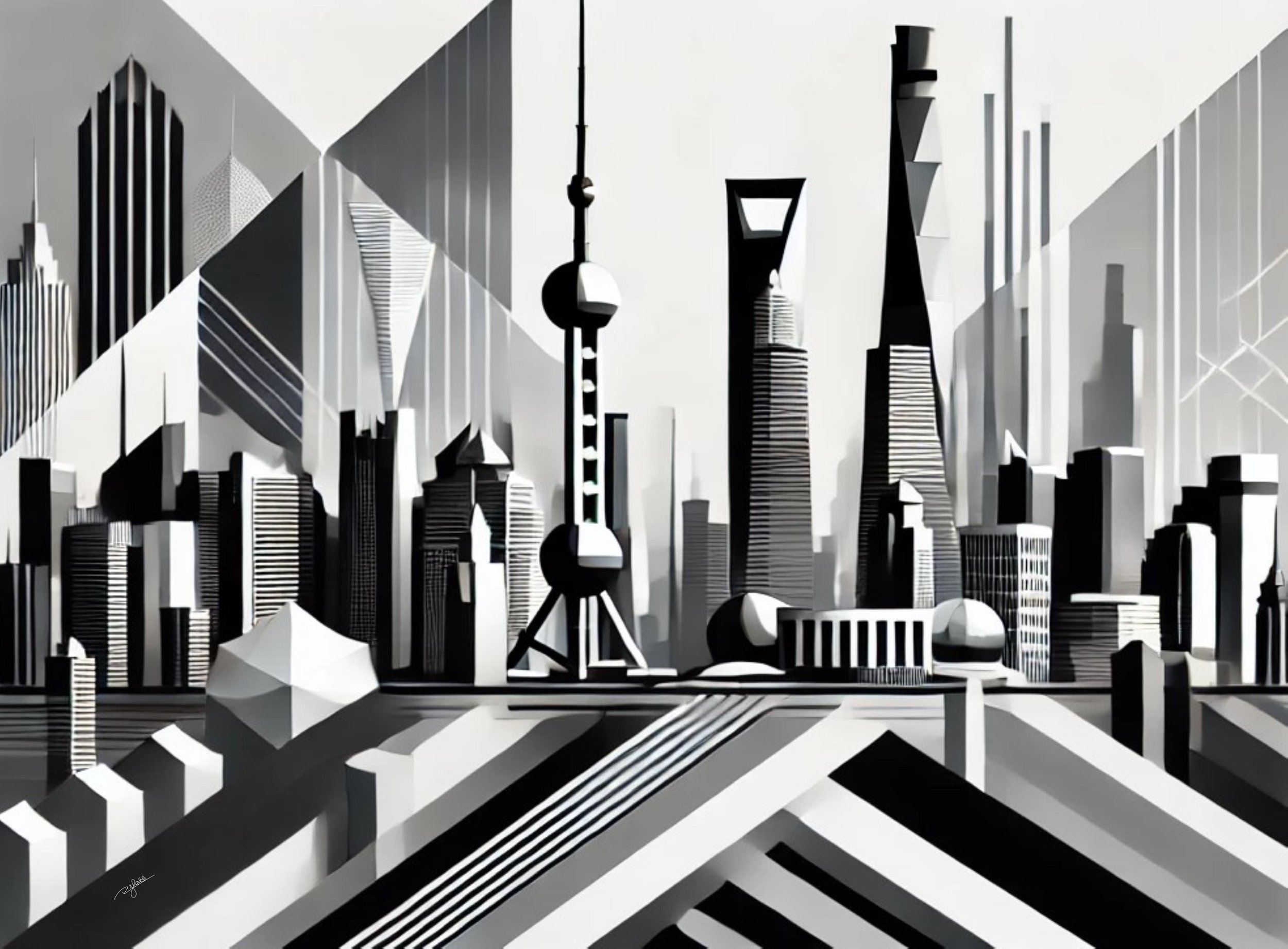 Title: Shanghai Silhouettes
Description: In Shanghai Silhouettes, the towering spires of the Oriental Pearl Tower and the Bund’s historic facades form a mesmerizing grayscale fusion. A city of relentless momentum, its skyline emerges