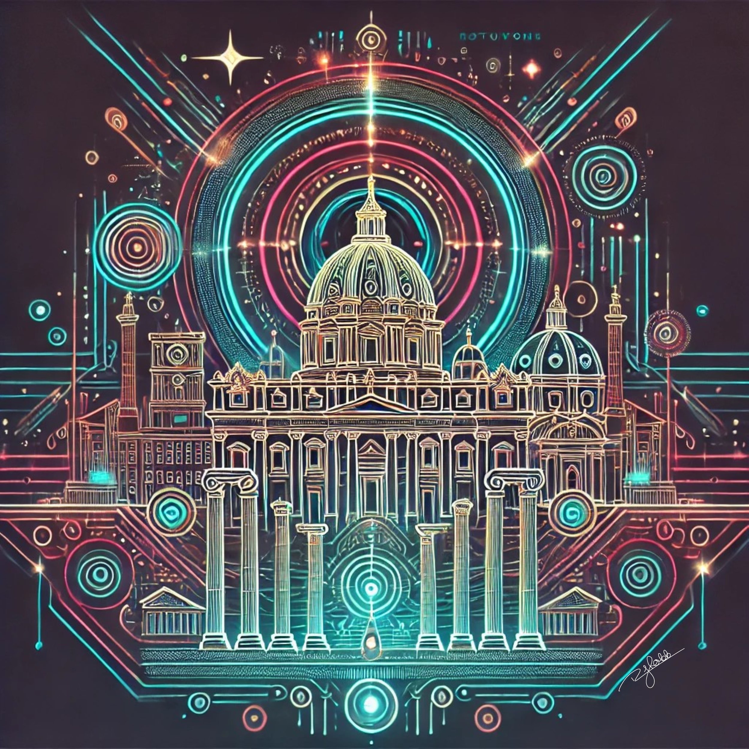 Title: Radiant Rome
Description: Rome’s grandeur is reborn in a blaze of cybernetic light, its timeless monuments bathed in neon reflections. The Colosseum stands like a portal to another age, illuminated by glowing arcs of pulsating