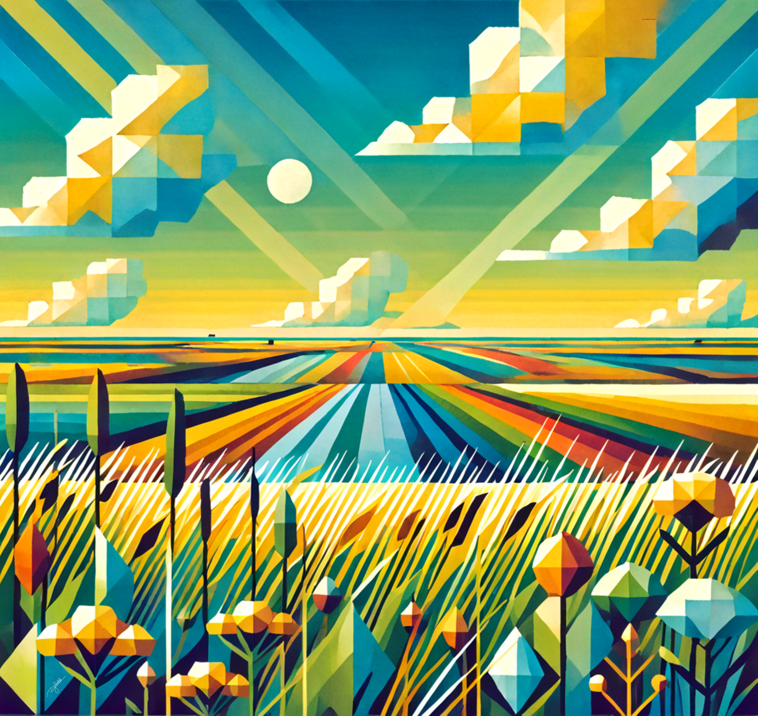 Title: Prairie Panoramic
Description: Golden waves of grain stretch endlessly beneath a sky painted in soft hues of dawn and dusk, the gentle undulations forming a mesmerizing geometric flow. This piece captures the humble vastness of