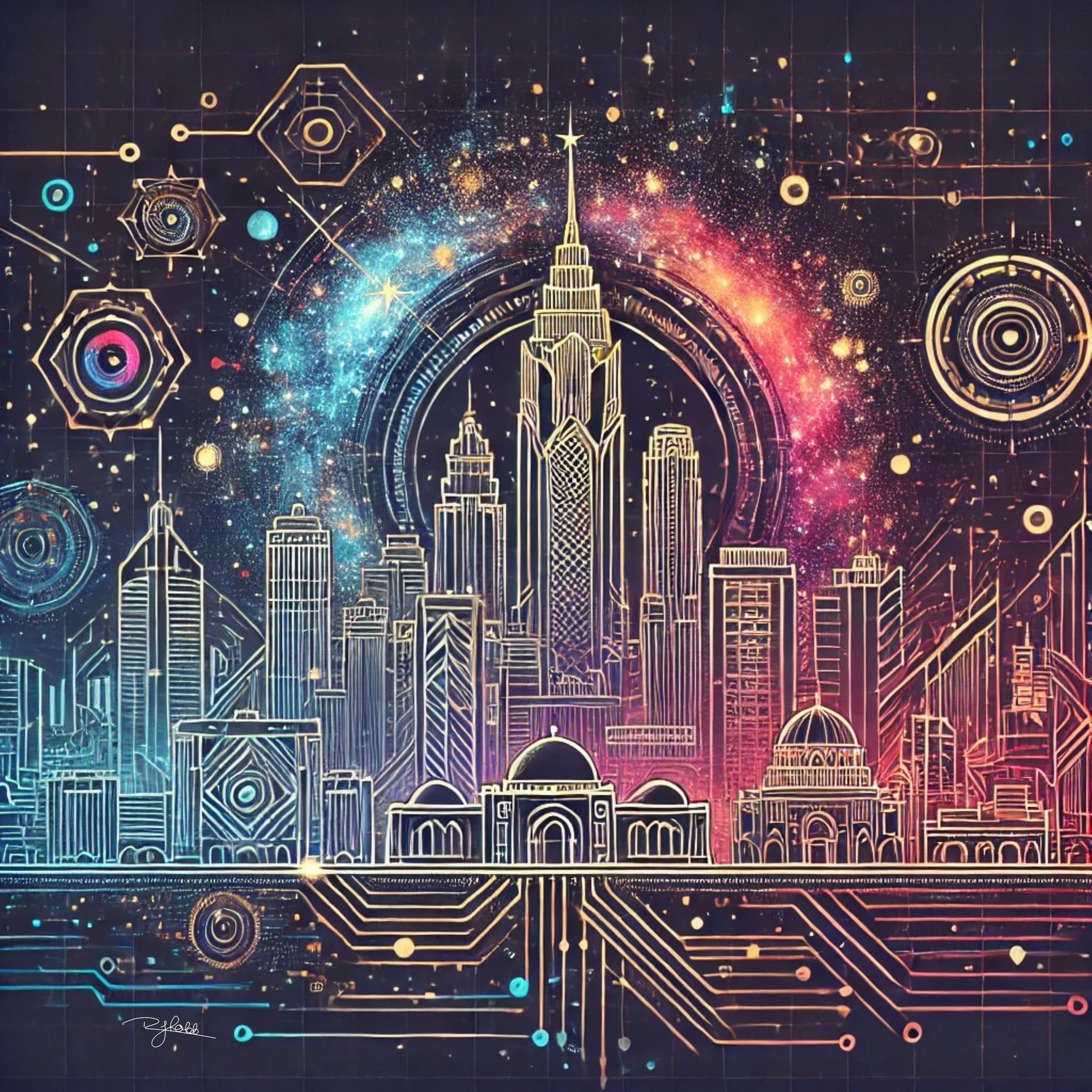 Title: Cosmic Cairo
Description: Cairo’s skyline glows beneath the celestial embrace of a galactic desert, where neon sands merge with the futuristic glow of towering structures. The pyramids, no longer just relics of the past, are il