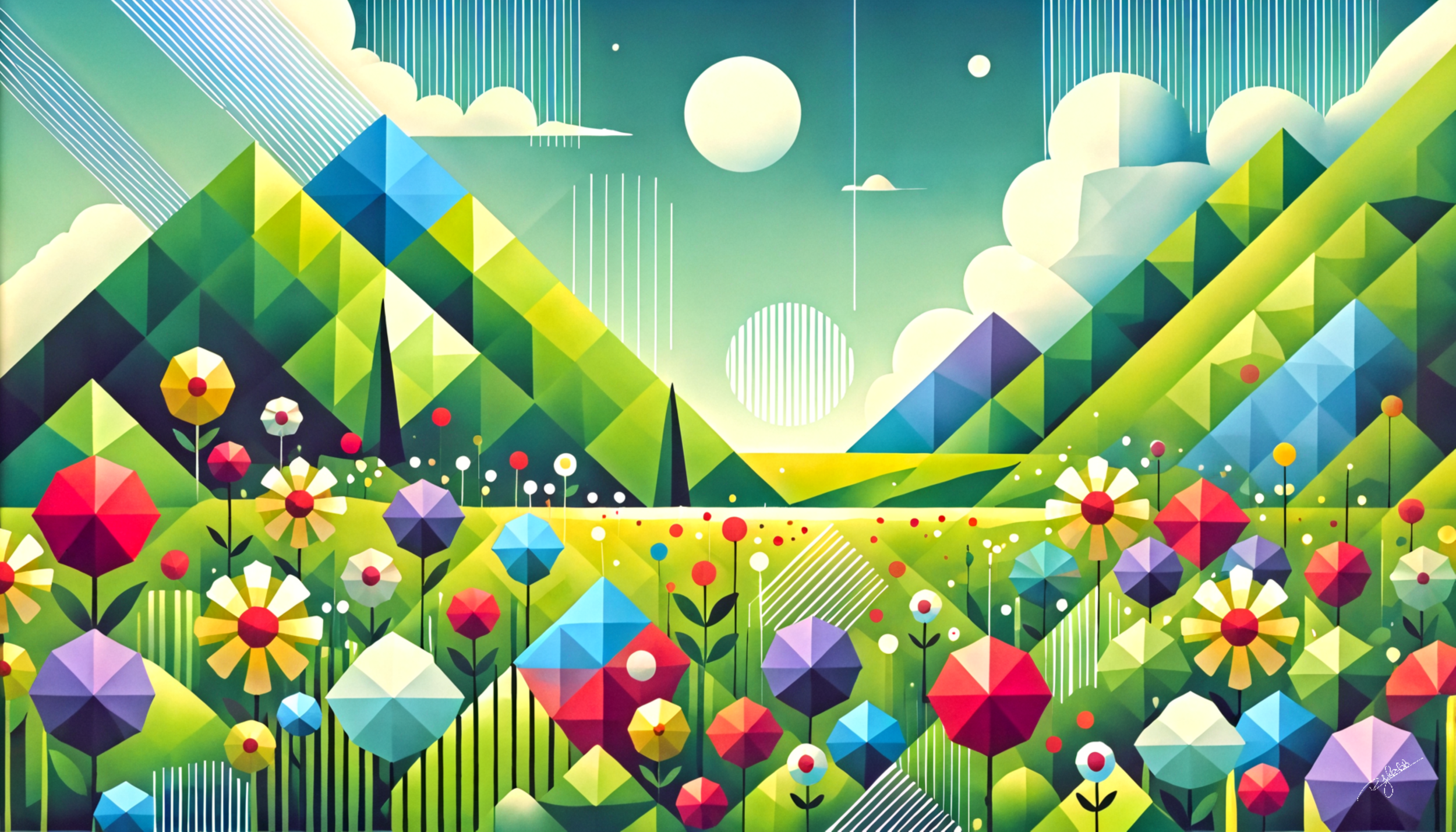 Title: Meadow Mirage
Description: Rolling meadows unfurl in a riot of sunlit hues and floral tessellations, their vibrant greens and golden wildflowers forming a hypnotic mosaic. This piece captures the warmth of summer’s embrace, whe