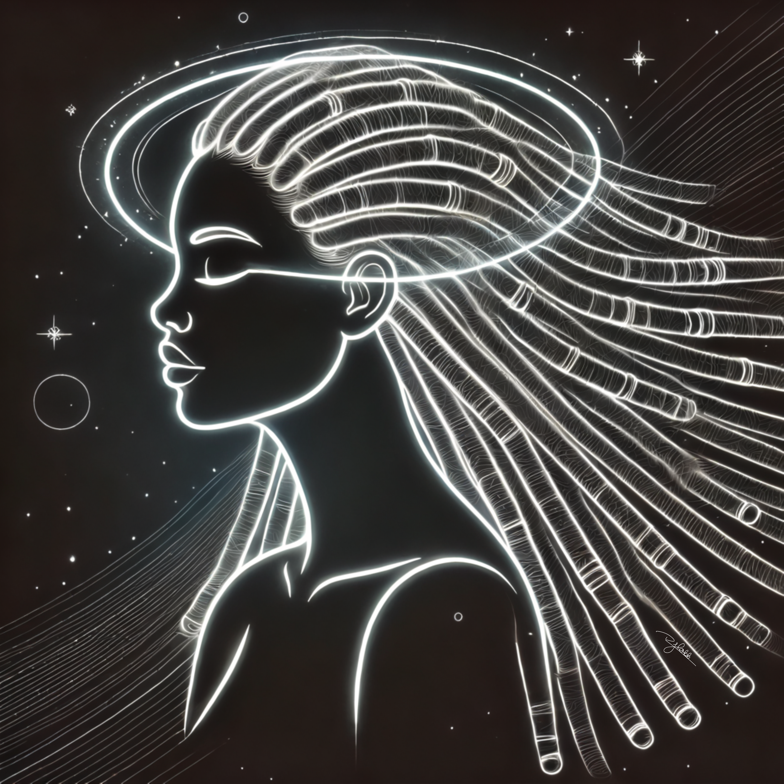 Title: Halo Locs
Description: Encircling the head like rings of Saturn, Halo Locs emit a divine glow, each strand infused with celestial wisdom. They float effortlessly, yet hold the density of black holes, drawing in admiration with
