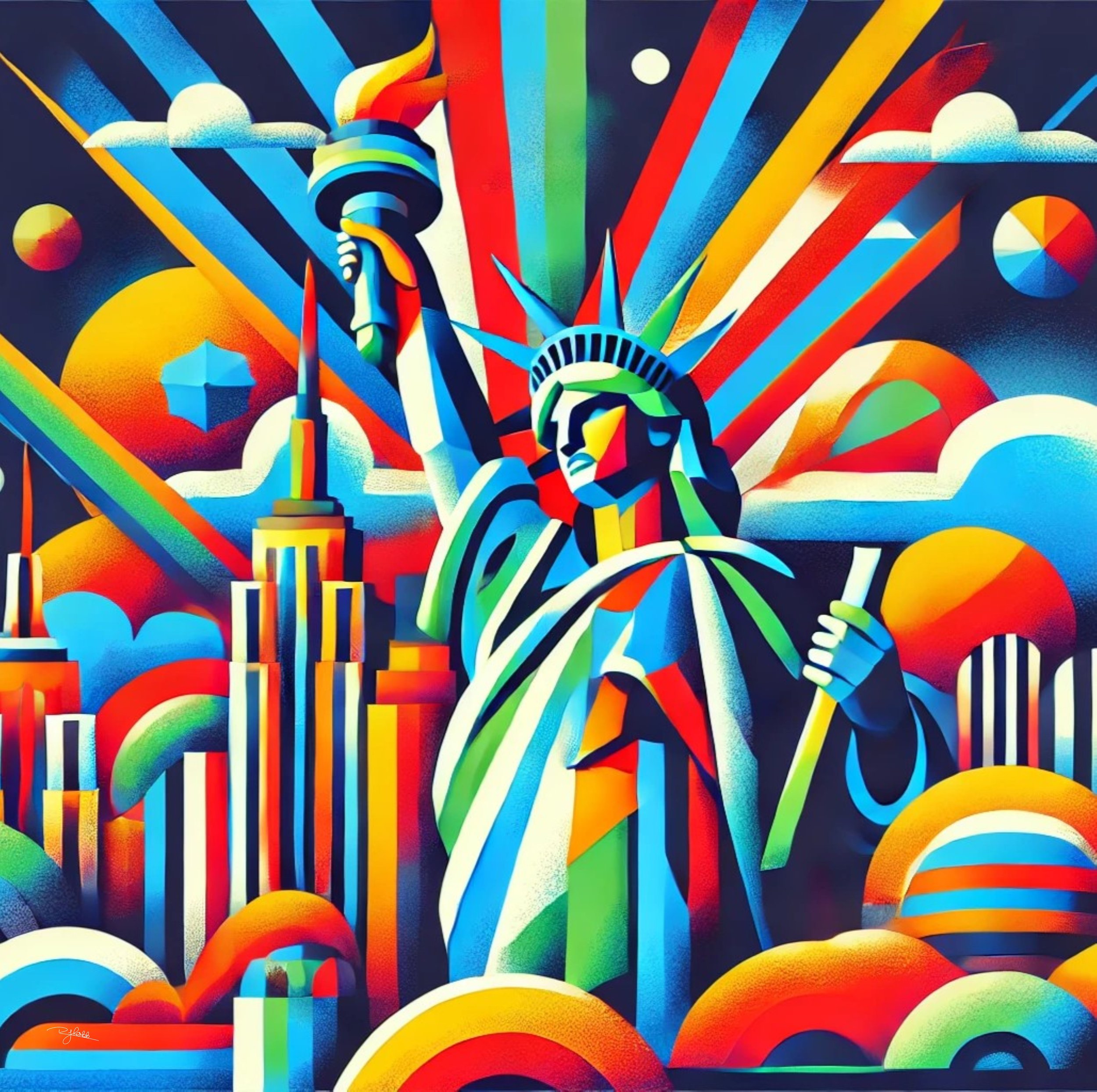 Title: Liberty Lights
Description: A beacon of hope and freedom, Liberty Lights reimagines Lady Liberty as a radiant mosaic of bold, dynamic colours. Her stoic elegance is amplified by a futuristic glow, making this piece a powerful tr