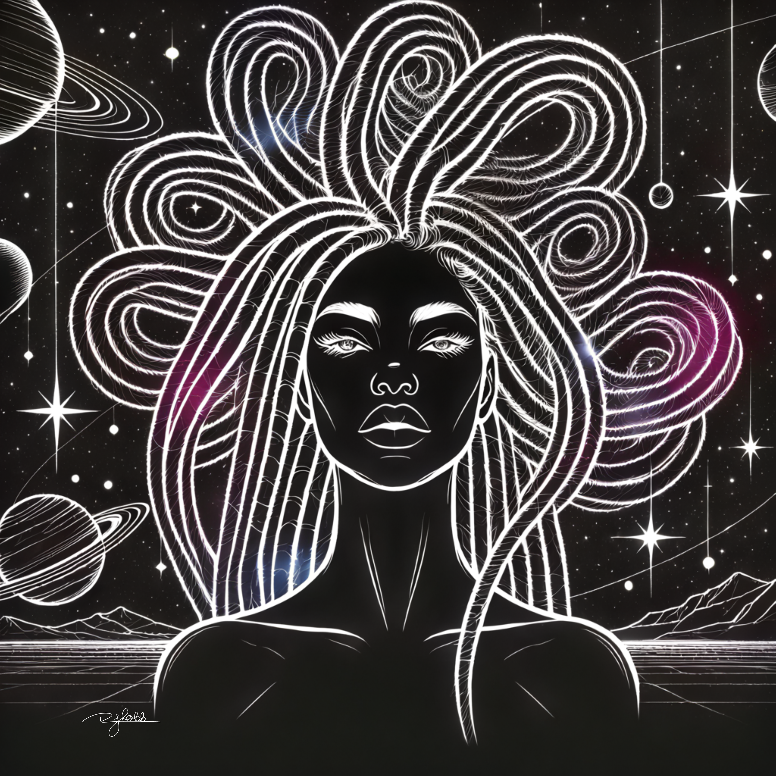 Title: Intergalactic Locs
Description: Interwoven with celestial dust, Intergalactic Locs twist through time and space, acting as conduits for cosmic energy. They expand like the tendrils of a black hole, absorbing knowledge, history