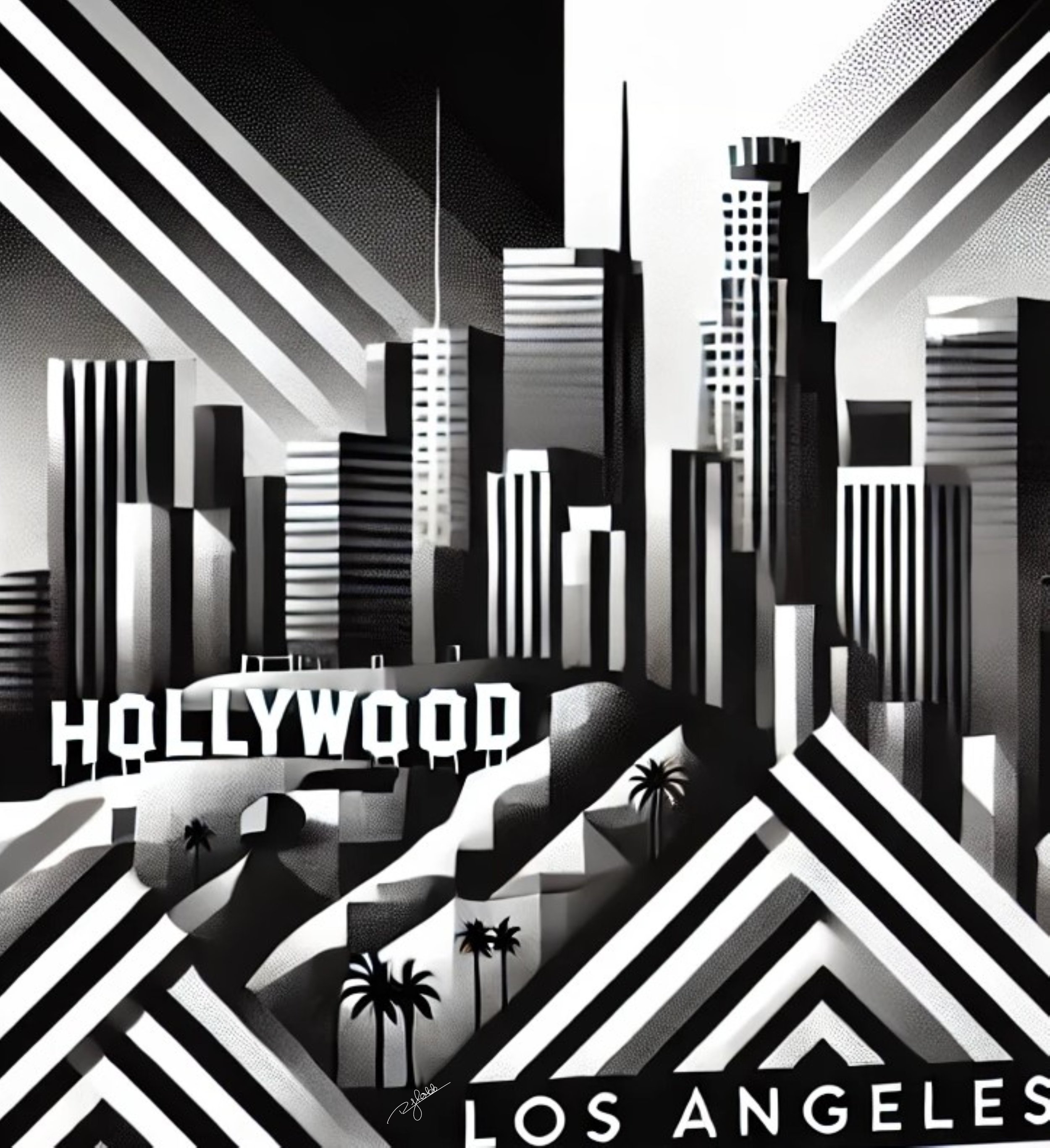 Title: LA Layers
Description: The city of stars takes centre stage in LA Layers, where the rolling hills of Hollywood blend with the jagged glass of the downtown skyline. High contrast shadows evoke the cinematic allure of Los Angeles
