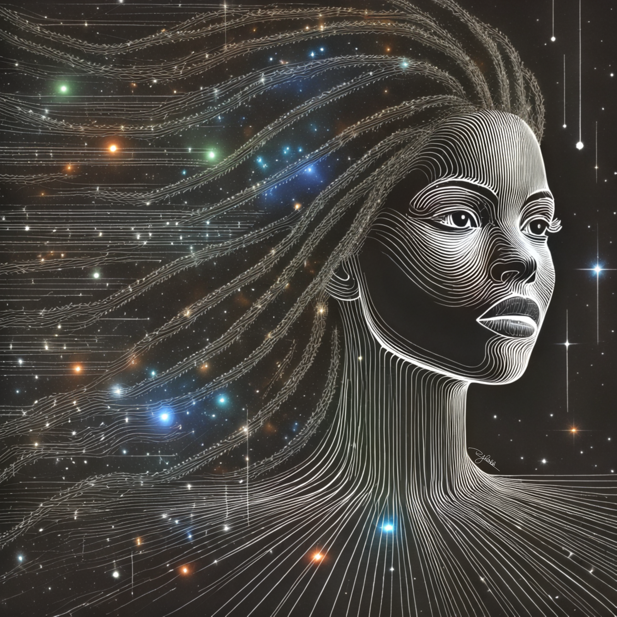 Title: Infinity Locs
SOLD
Description: Twisting beyond the horizon of imagination, Infinity Locs extend through time like golden threads woven into the cosmos. Their length defies physics, stretching through past and futu