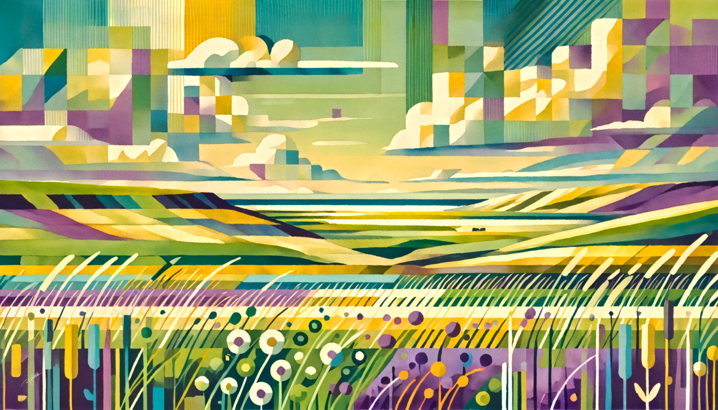 Title: Steppe Spectrum
Description: Rolling plains stretch endlessly, their golden grasses woven into a tessellated dance of shifting light and shadow. The vast openness of the steppe hums with quiet energy, a land shaped by whispers