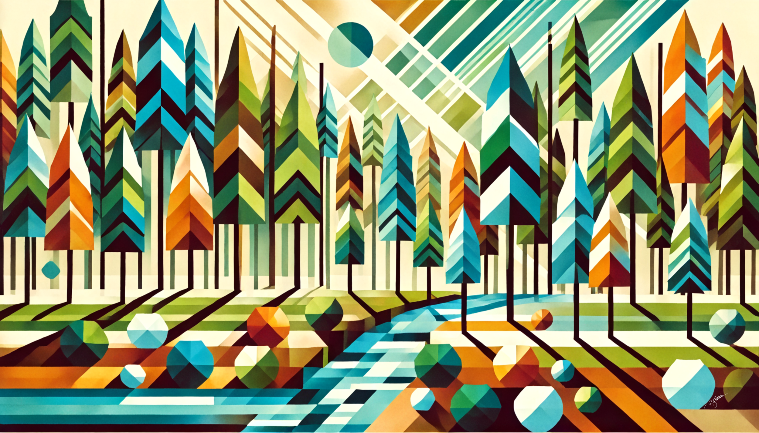 Title: Pinewood Panorama
Description: Towering pines stretch skyward, their sharp silhouettes forming a rhythmic pattern against a backdrop of crisp mountain air and golden sunlight. The stillness of the forest is rendered in calculat