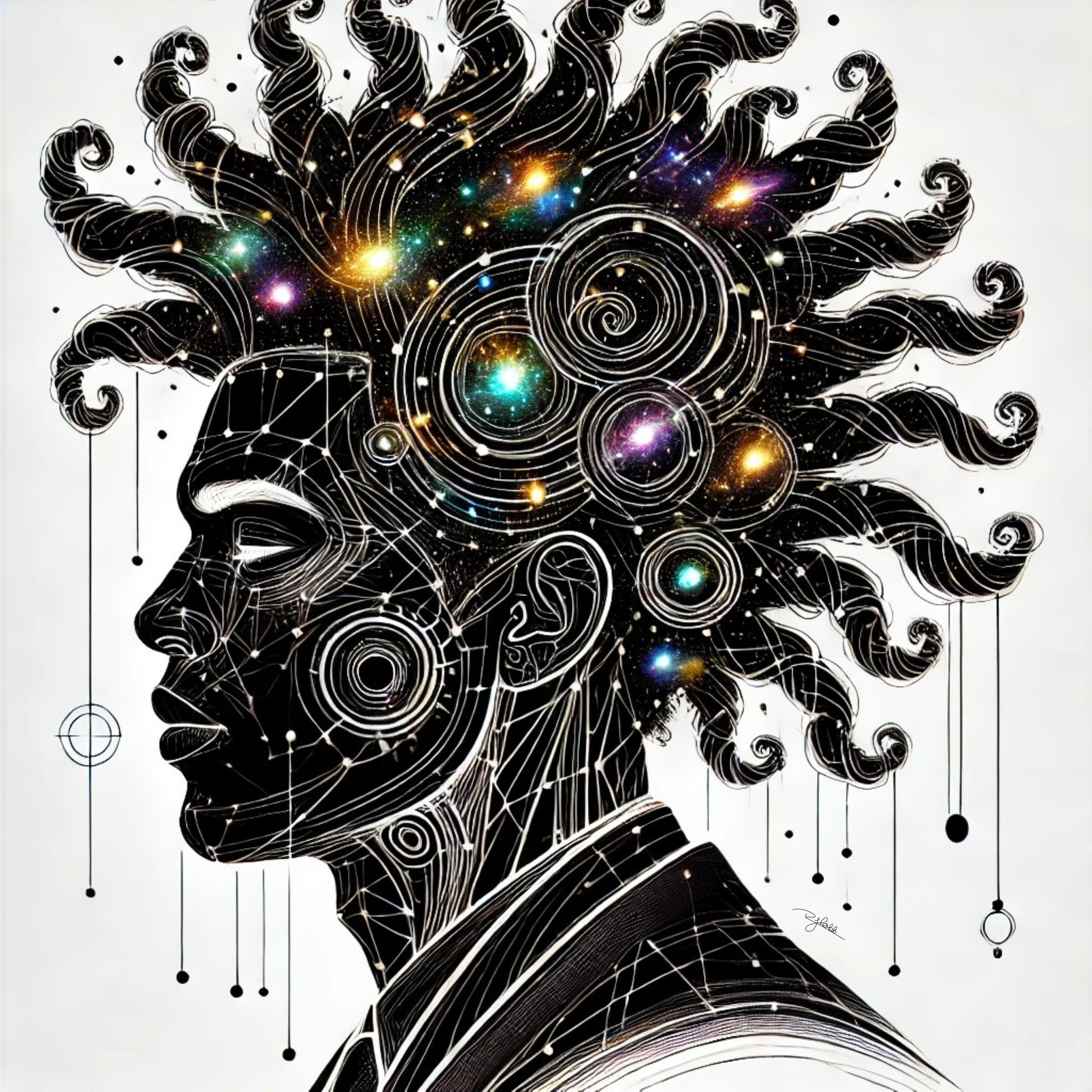 Title: Twisted Nebula
Description: A vortex of swirling coils, this hairstyle mimics the dance of galaxies in deep space. The intricate twists echo the spiral of a nebula, where history, identity, and the cosmos converge in a singular