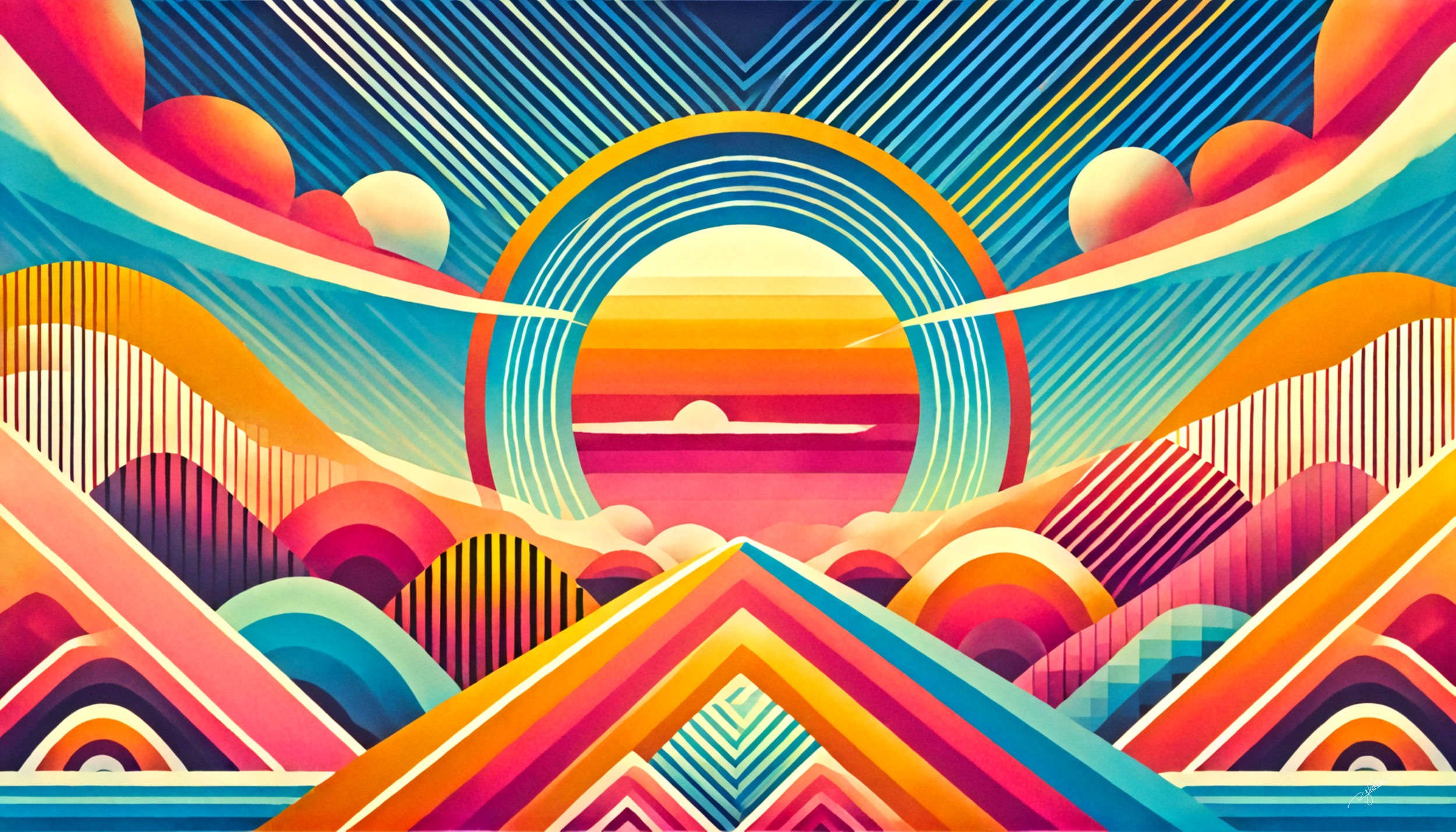 Title: Sunrise Symphony
Description: The world awakens in a blaze of fiery reds, golden ambers, and soft pinks, as the sun emerges from its slumber. Light fractures through the morning mist, casting bold geometric patterns across the