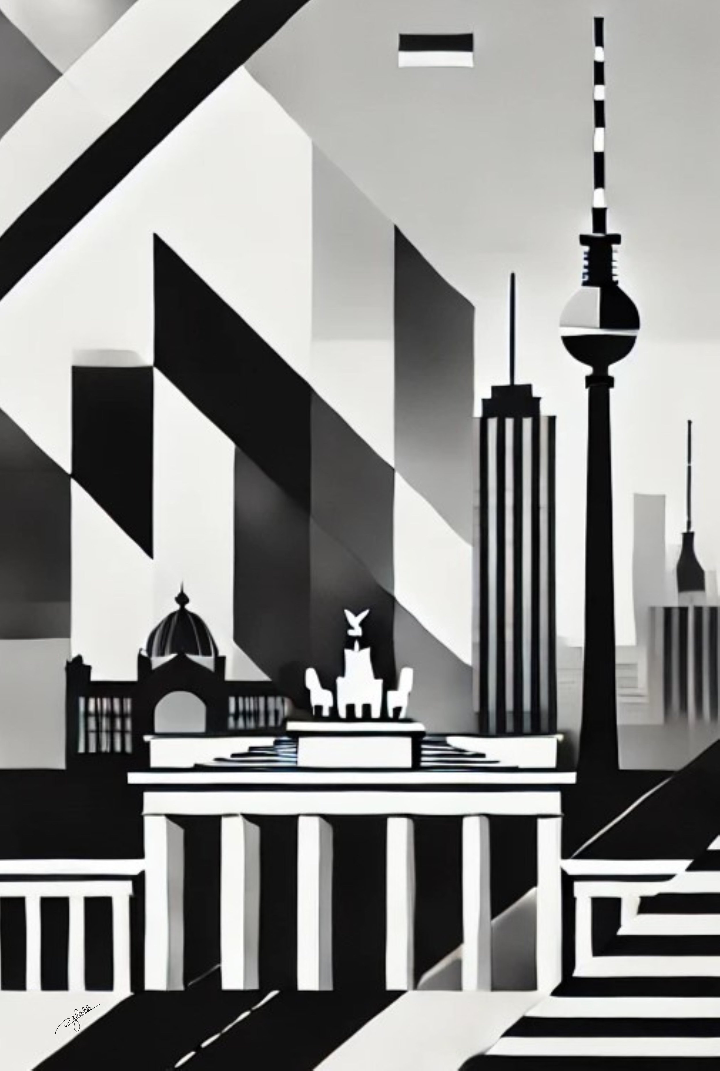 Title: Berlin Balance
Description: A city of contrast and resilience, Berlin Balance showcases its layered history through a fusion of rigid modernity and classical geometry. The Brandenburg Gate stands bold against the sky, its sharp