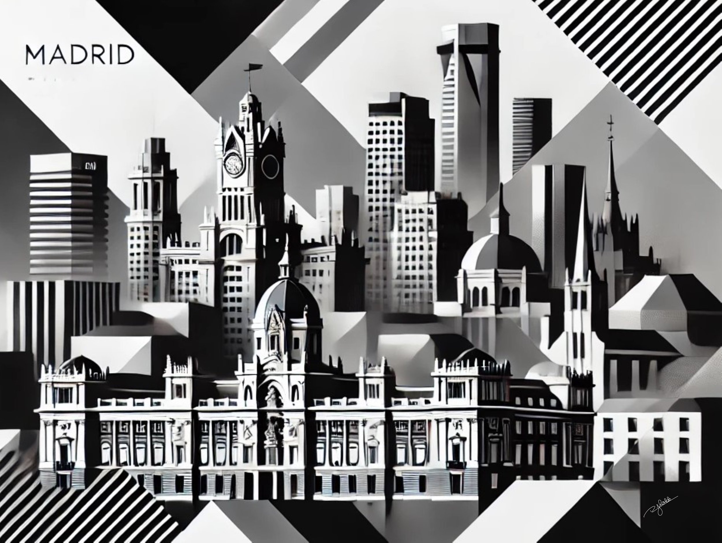 Title: Madrid Monochrome
Description: A city bursting with passion and grandeur, Madrid Monochrome distils the ornate rooftops of Gran Vía and the regal presence of the Royal Palace into a mesmerizing grayscale composition. Every line