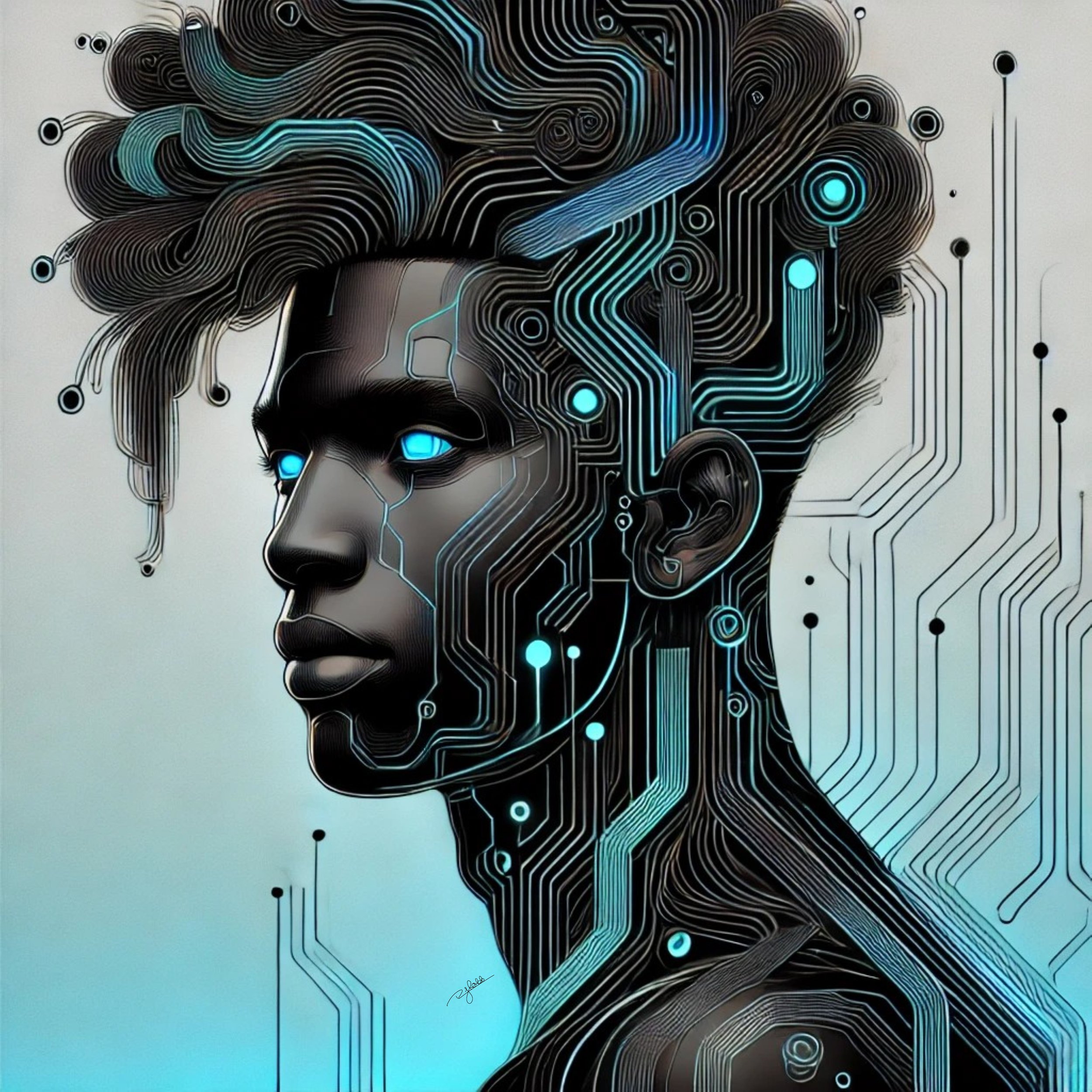 Title: Quantum Vision
Description: A voluminous afro-tech hairstyle, enhanced by glowing neon nodes that appear to store and transfer information. The locks are subtly intertwined with cybernetic elements, giving the impression of a