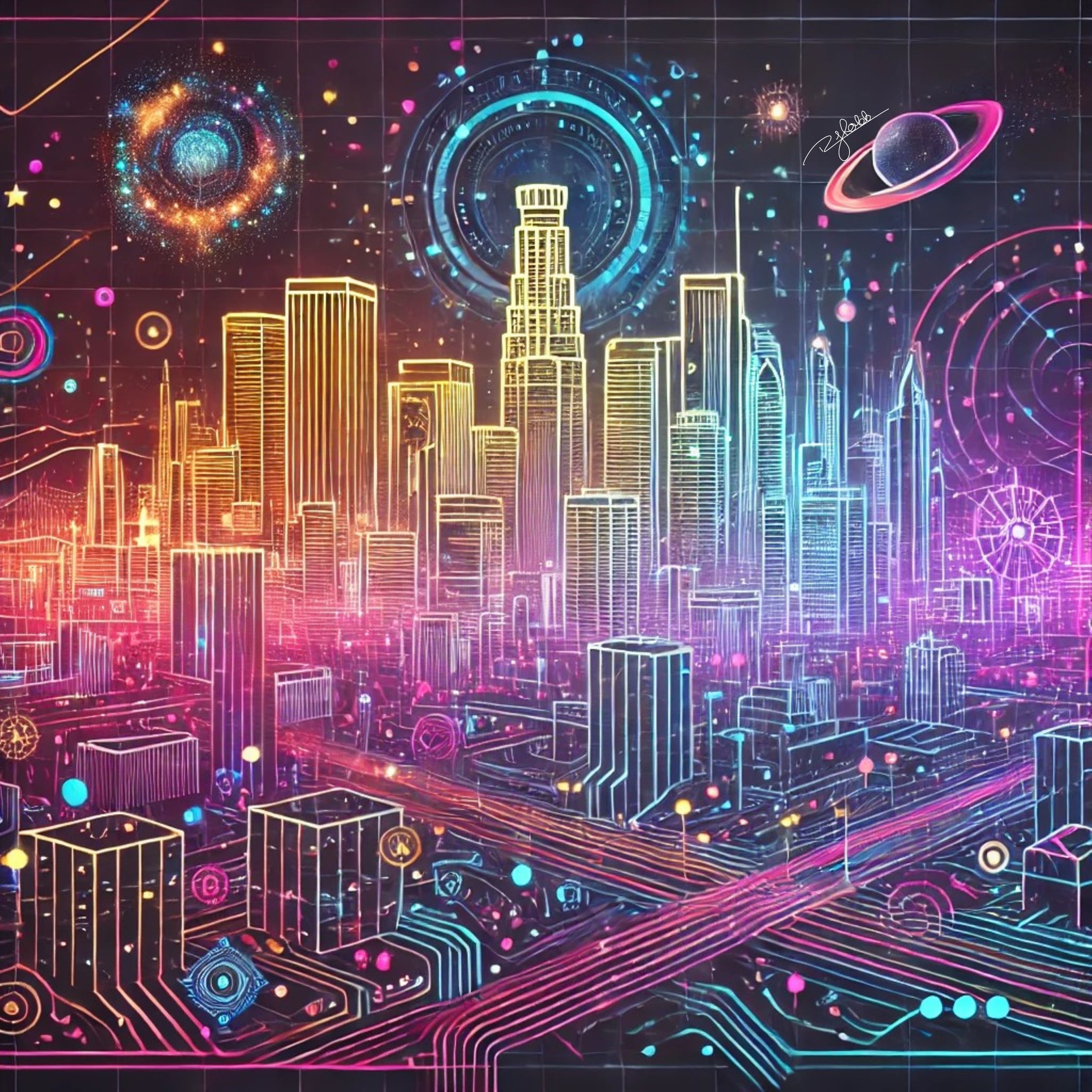 Title: Electric LA
Description: Los Angeles is reborn in a neon symphony, its skyline buzzing with the electrified pulse of cinematic fantasy and technological ambition. Spotlights cut through the digital haze, illuminating sleek towe