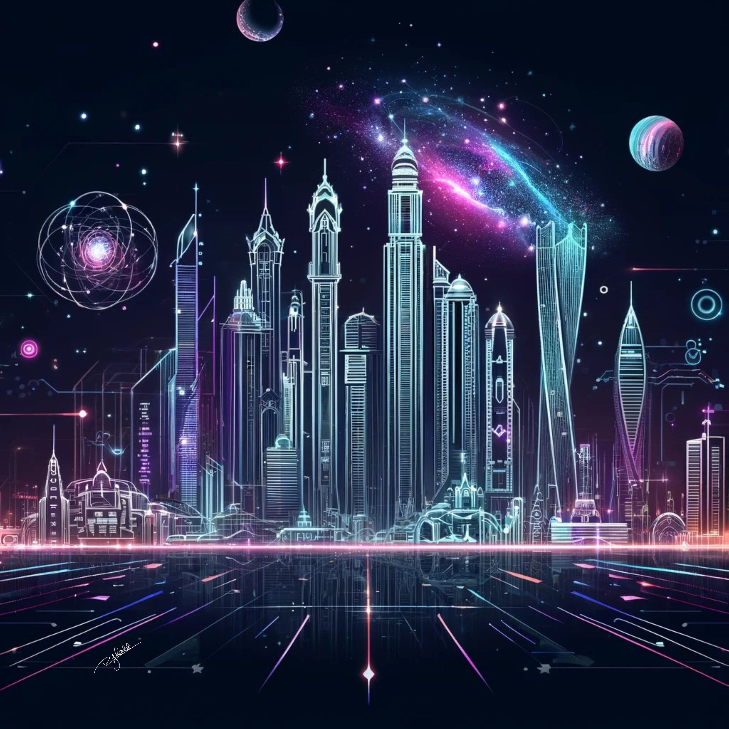 Title: Digital Dubai
Description: A city sculpted from pure digital brilliance, Dubai’s skyline is an architectural fantasy of glowing towers and interdimensional reflections. The Burj Khalifa stands as a cosmic monolith, its apex dis