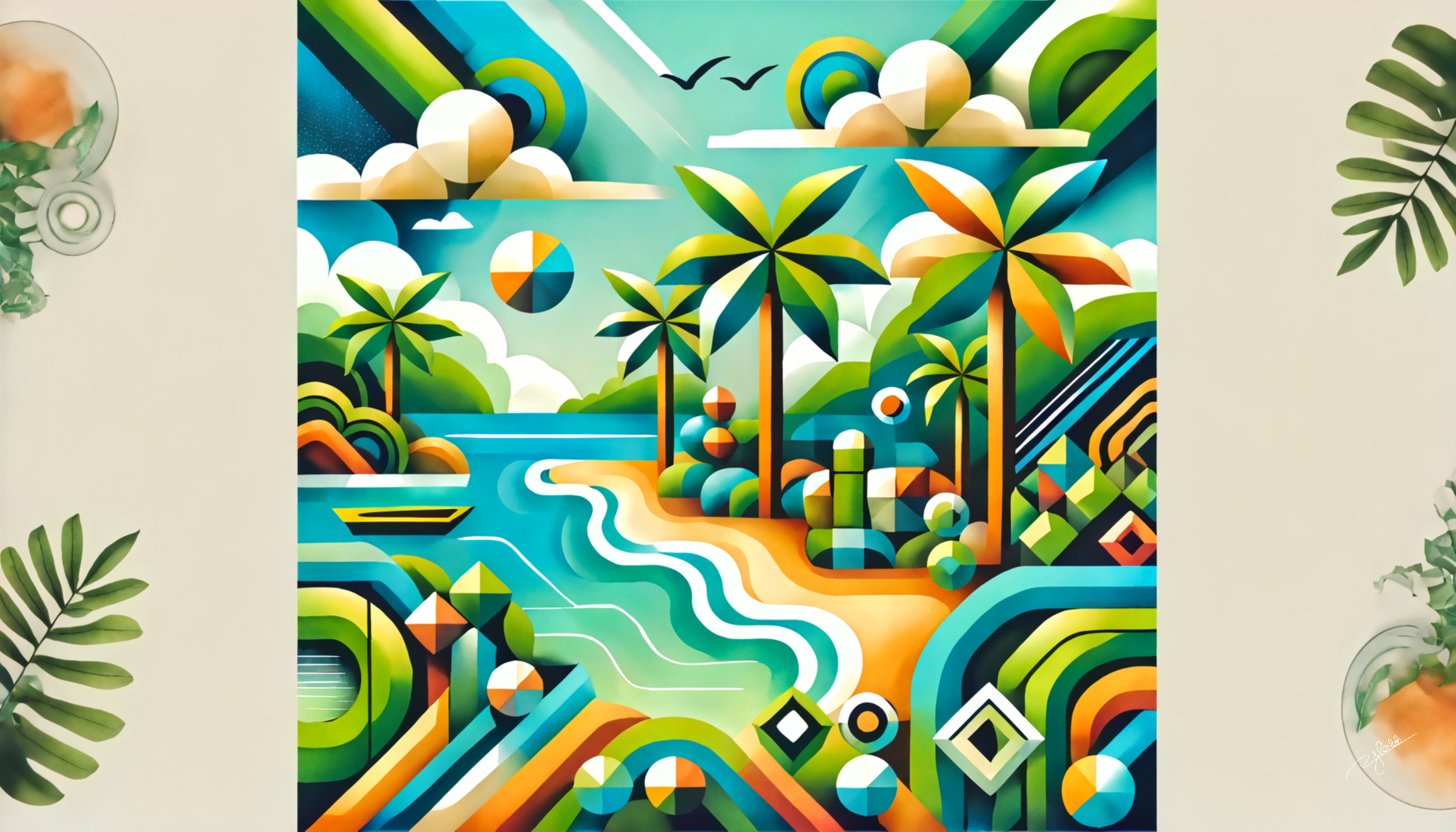 Title: Island Illusions
Description: Floating like a dream above an endless sea, an island emerges from the depths, its shores etched in geometric perfection. Towering palms, rolling sands, and cascading waterfalls become crisp layers