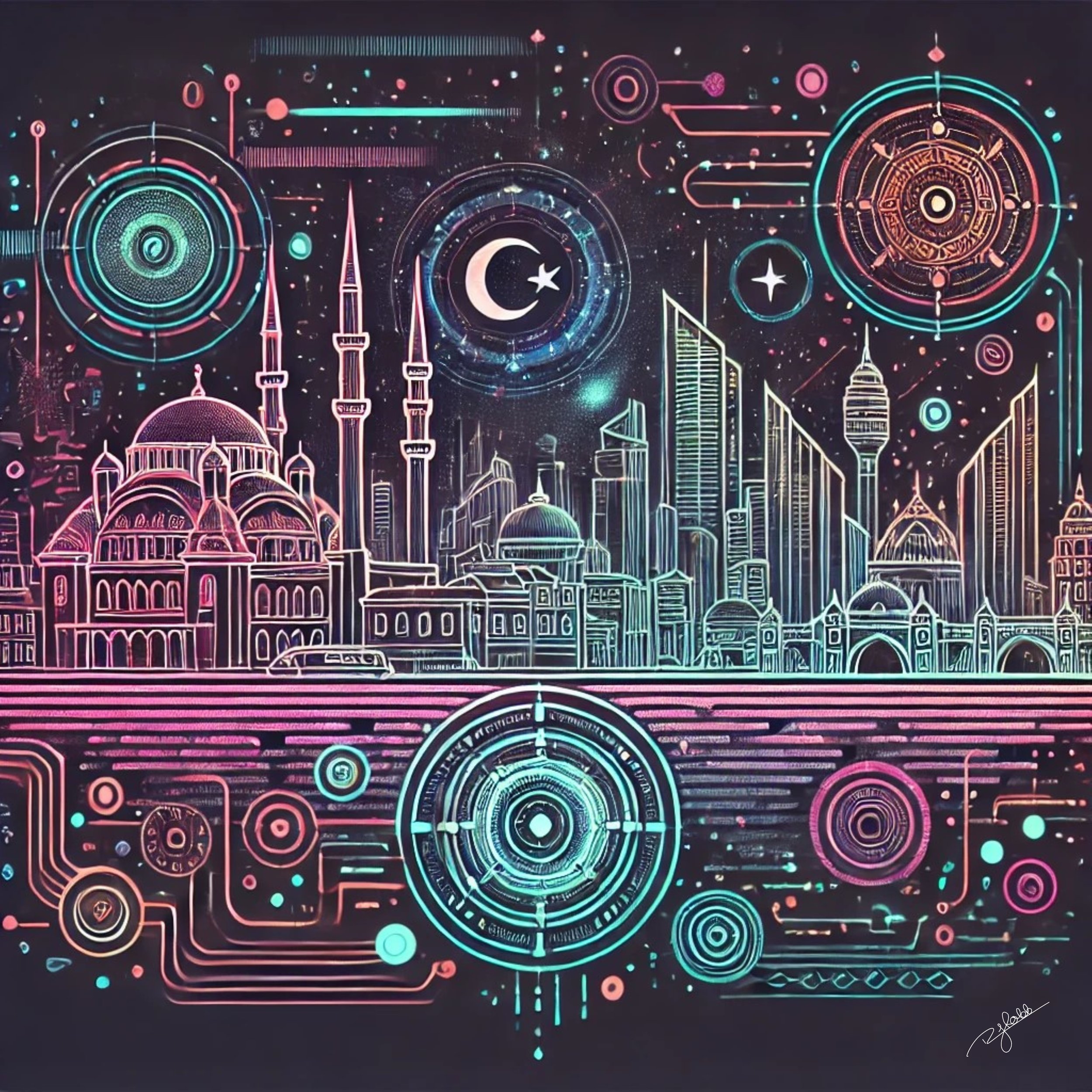 Title: Intergalactic Istanbul
Description: Istanbul exists on the edge of the known and the unknown, its domes and minarets glowing with the radiance of intergalactic twilight. The Bosphorus reflects an ethereal skyline, where the anc