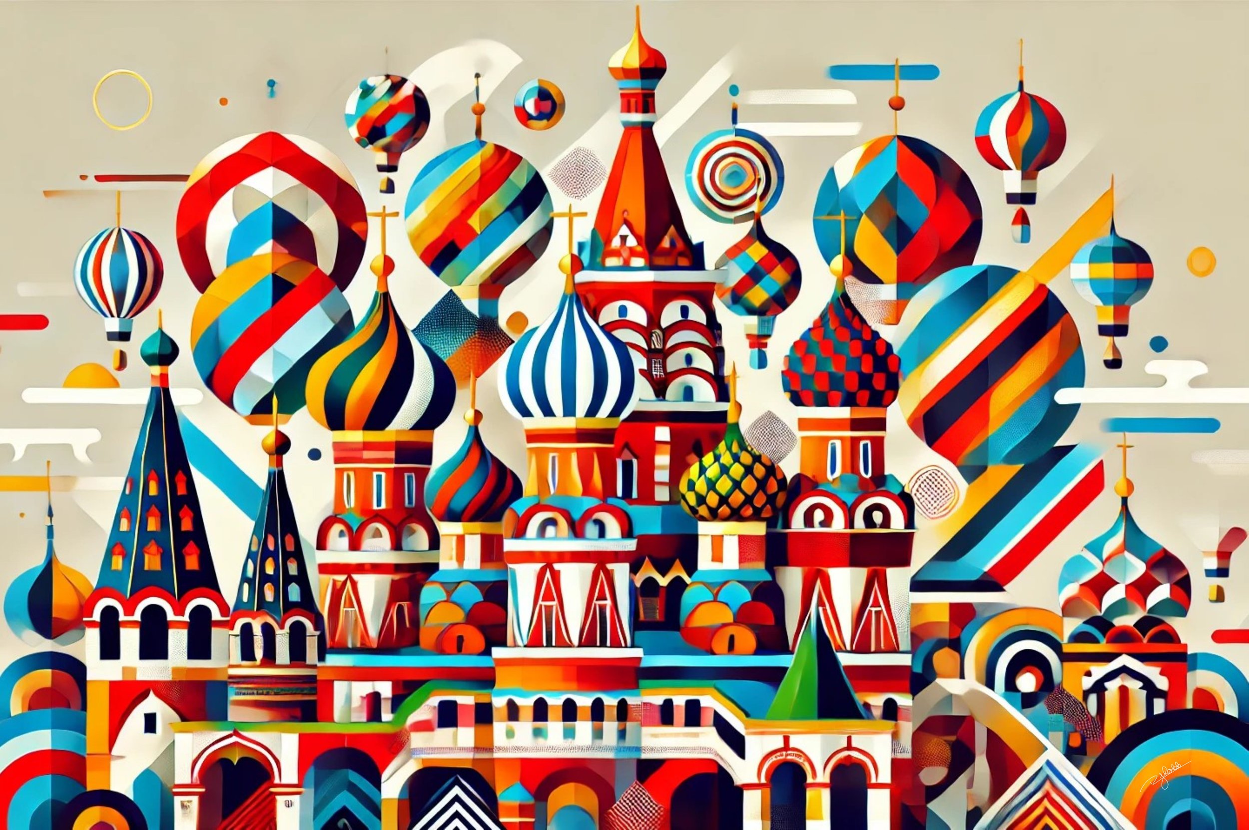 Title: St. Basil's Spectrum
Description: A whirlwind of colour and intricate patterns, St. Basil’s Spectrum reinterprets Moscow’s onion-domed cathedral as a vivid explosion of reds, emeralds, and golden highlights. A masterpiece of arc