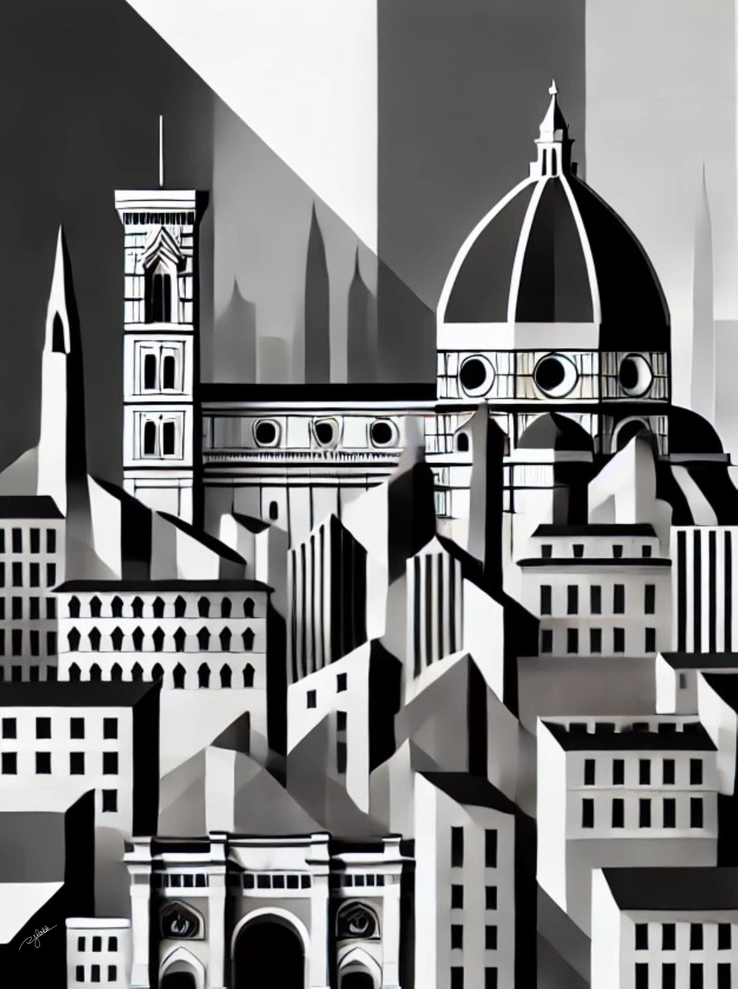 Title: Florence Fragments
Description: A Renaissance masterpiece turned grayscale, Florence Fragments captures the Duomo’s grandeur and Ponte Vecchio’s historic charm in an abstract geometric vision. The heart of Tuscany’s skyline sta
