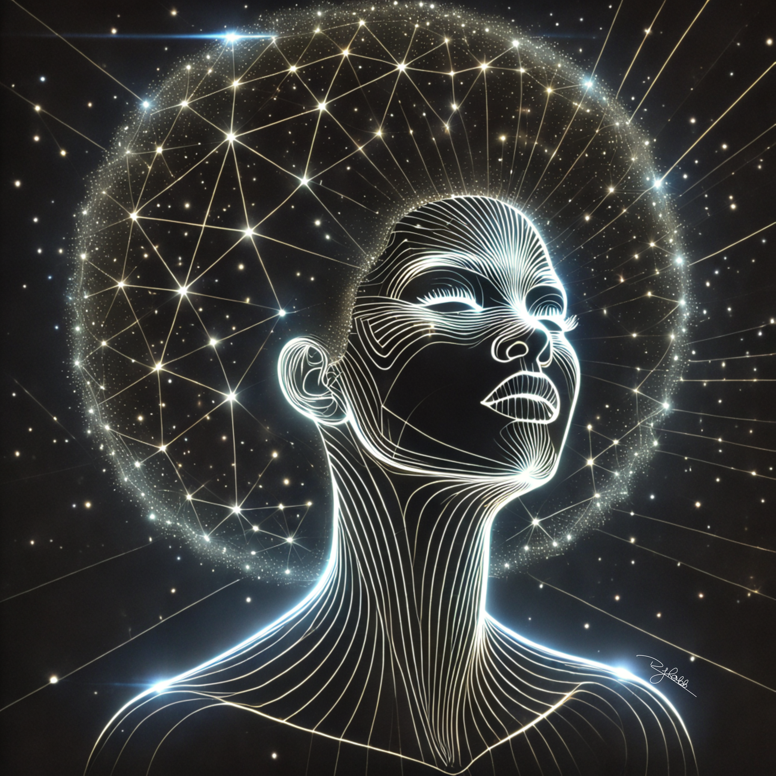 Title: Glowing Afro
Description: Illuminated from within, Glowing Afro radiates with an otherworldly essence, its curls like orbs of soft starlight. The depth of texture defies gravity, expanding with cosmic grace. This is light conta