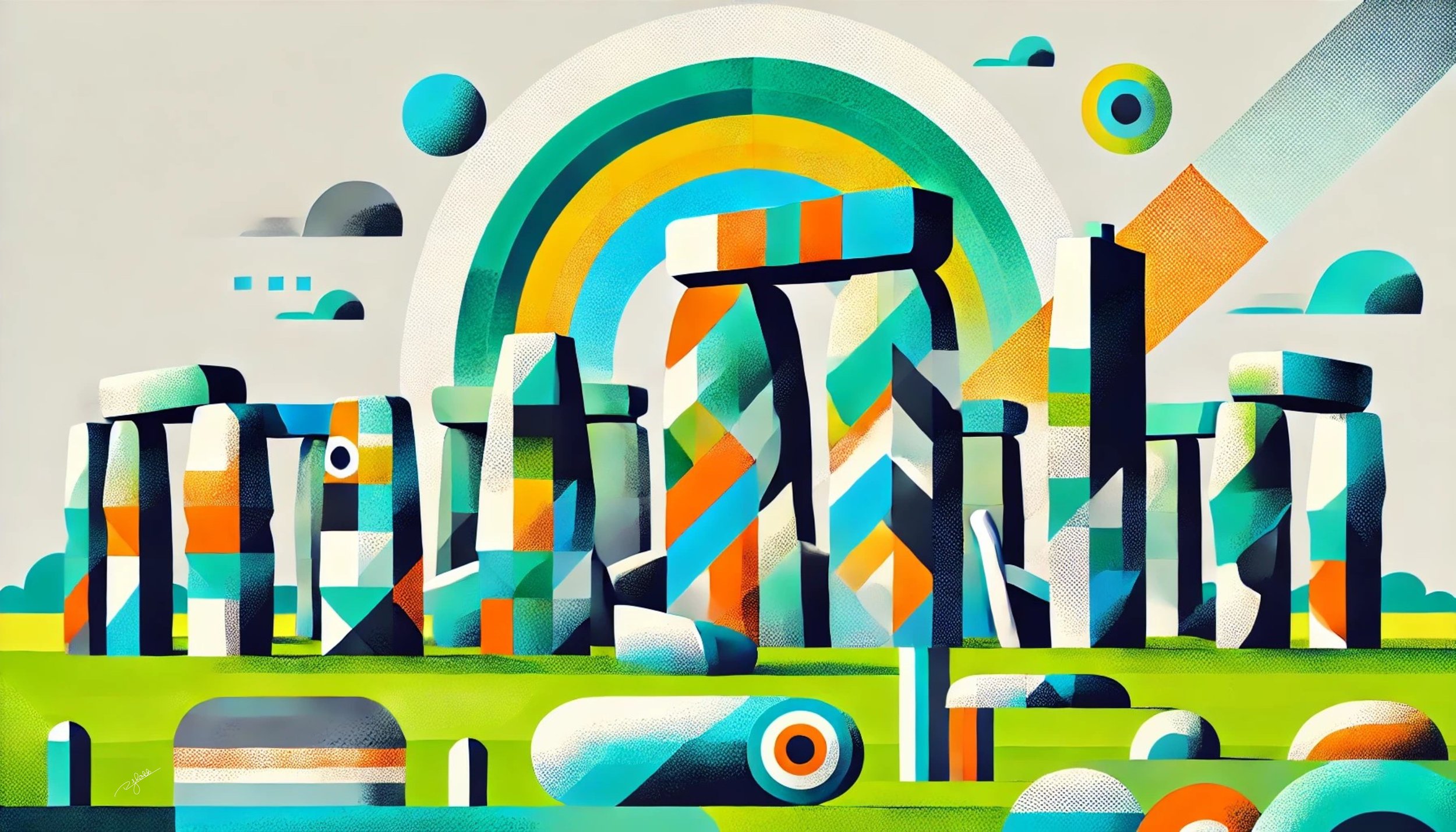 Title: Stonehenge Shimmer
Description: Ancient mystery meets modern energy in Stonehenge Shimmer, where the prehistoric monoliths stand bathed in cosmic hues of deep teal, fiery amber, and mystical grey.