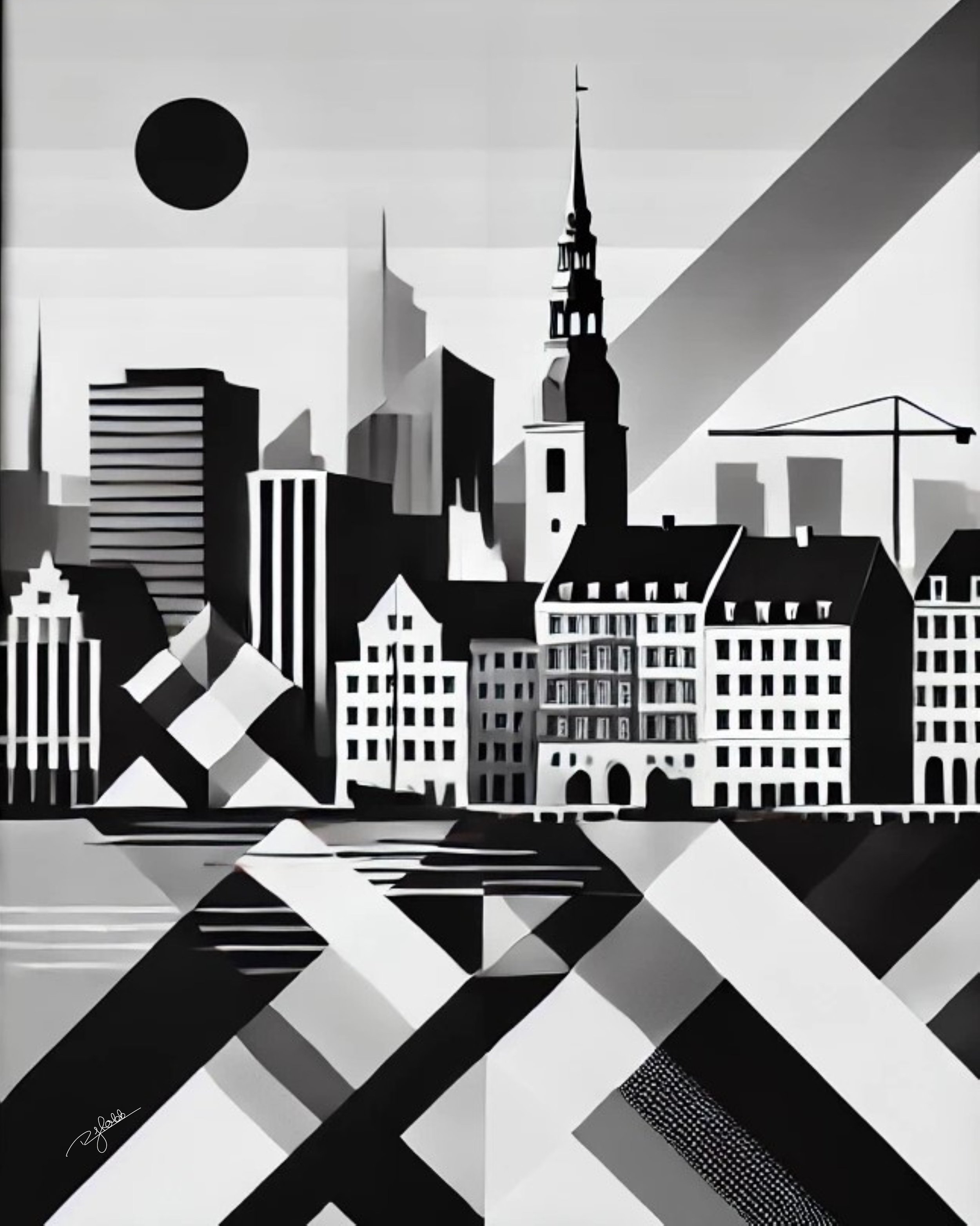 Title: Copenhagen Contrasts
Description: Where old-world charm meets contemporary design, Copenhagen Contrasts captures the colorful Nyhavn waterfront in stark black and white. The balance of history and minimalism mirrors Denmark’s t