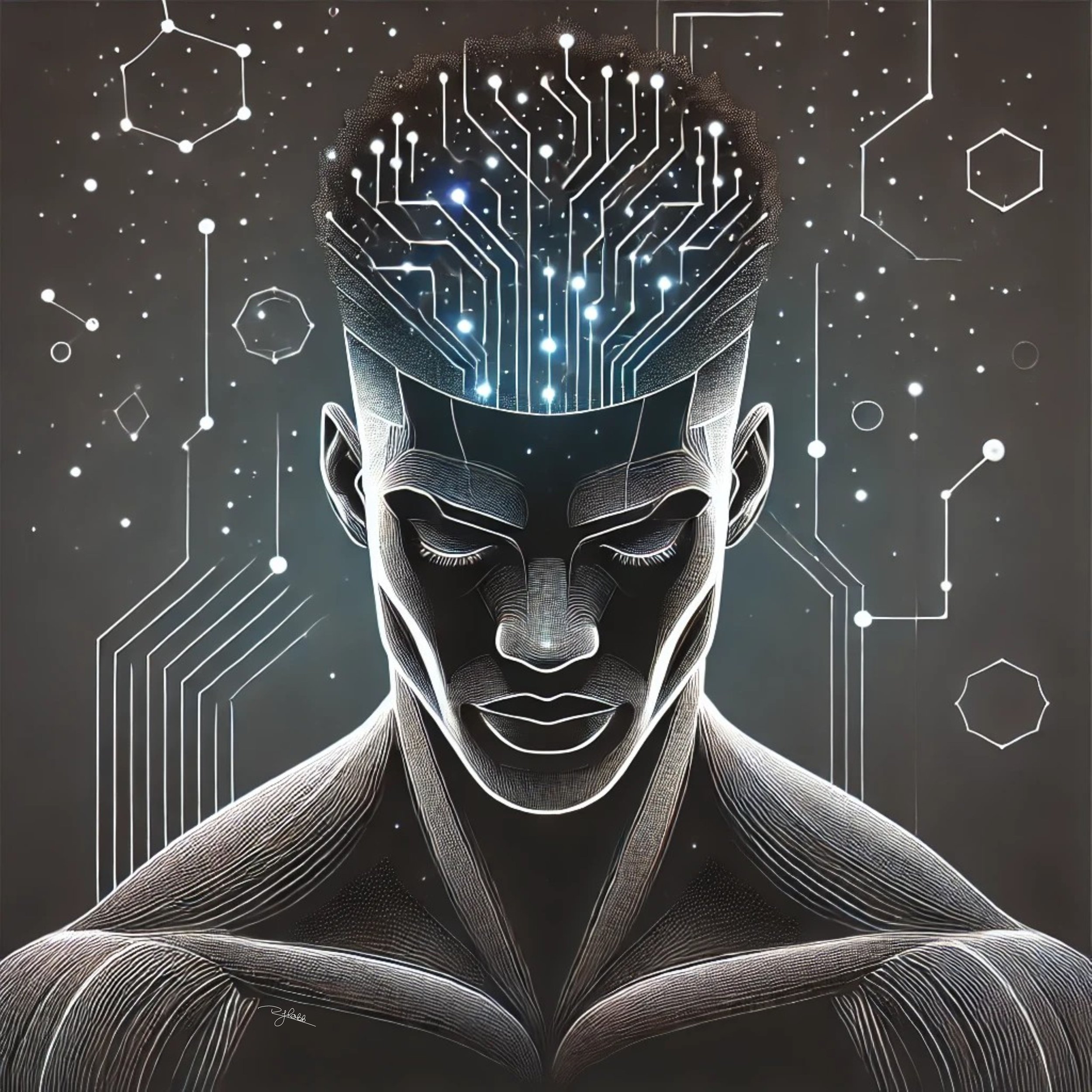 Title: Quantum Fade
Description: A sleek, gradient fade that seamlessly integrates geometric etchings, mimicking the flow of quantum energy. The hairline, sharp as a laser, transitions into a soft fade embedded with circuit-like detai