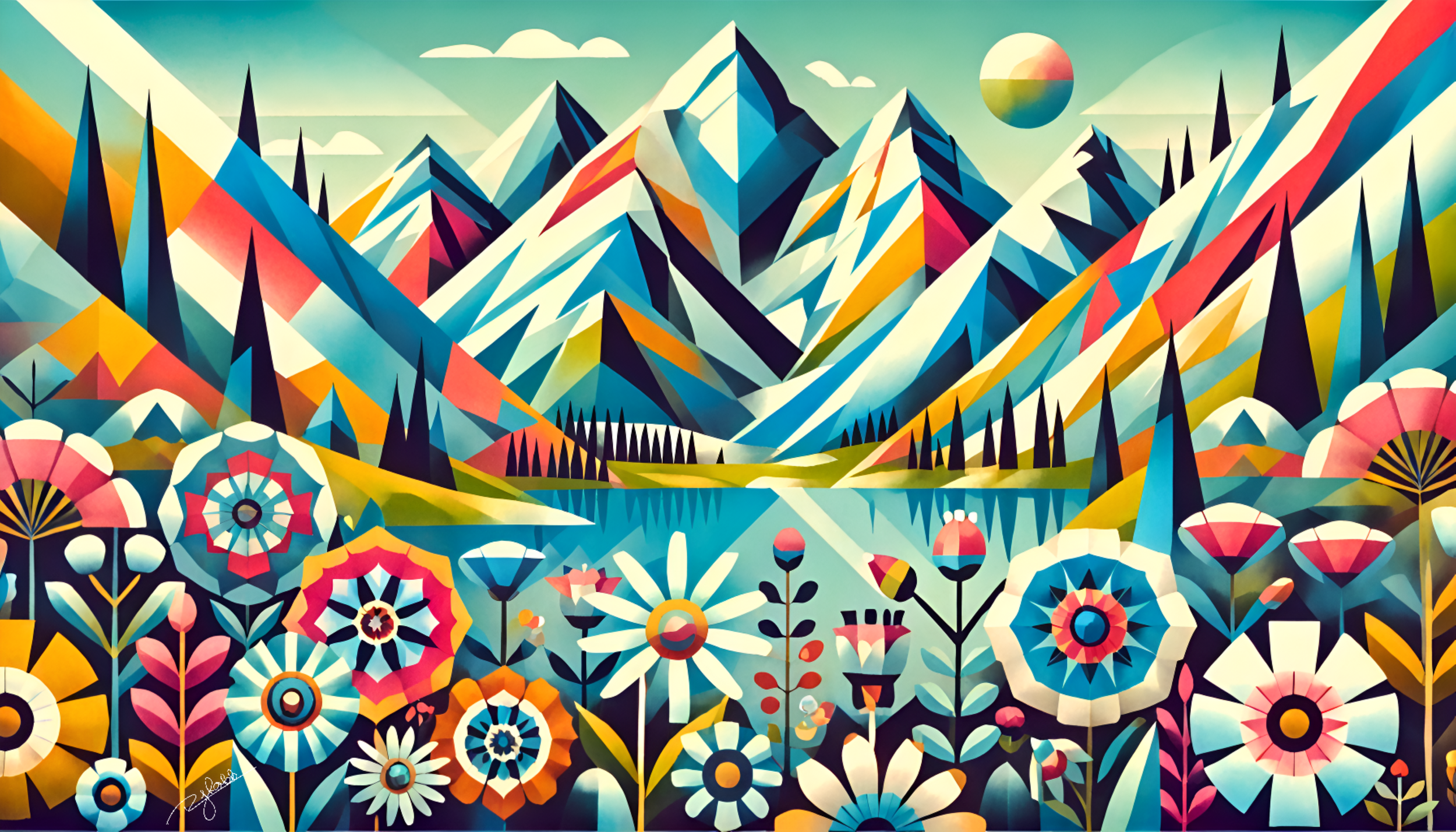 Title: Alpine Allure
Description: Snow-capped peaks rise in crisp, angular harmony, their jagged edges softened by the interplay of cool blues, deep shadows, and sunlit reflections. The towering mountains stand as guardians of time, e